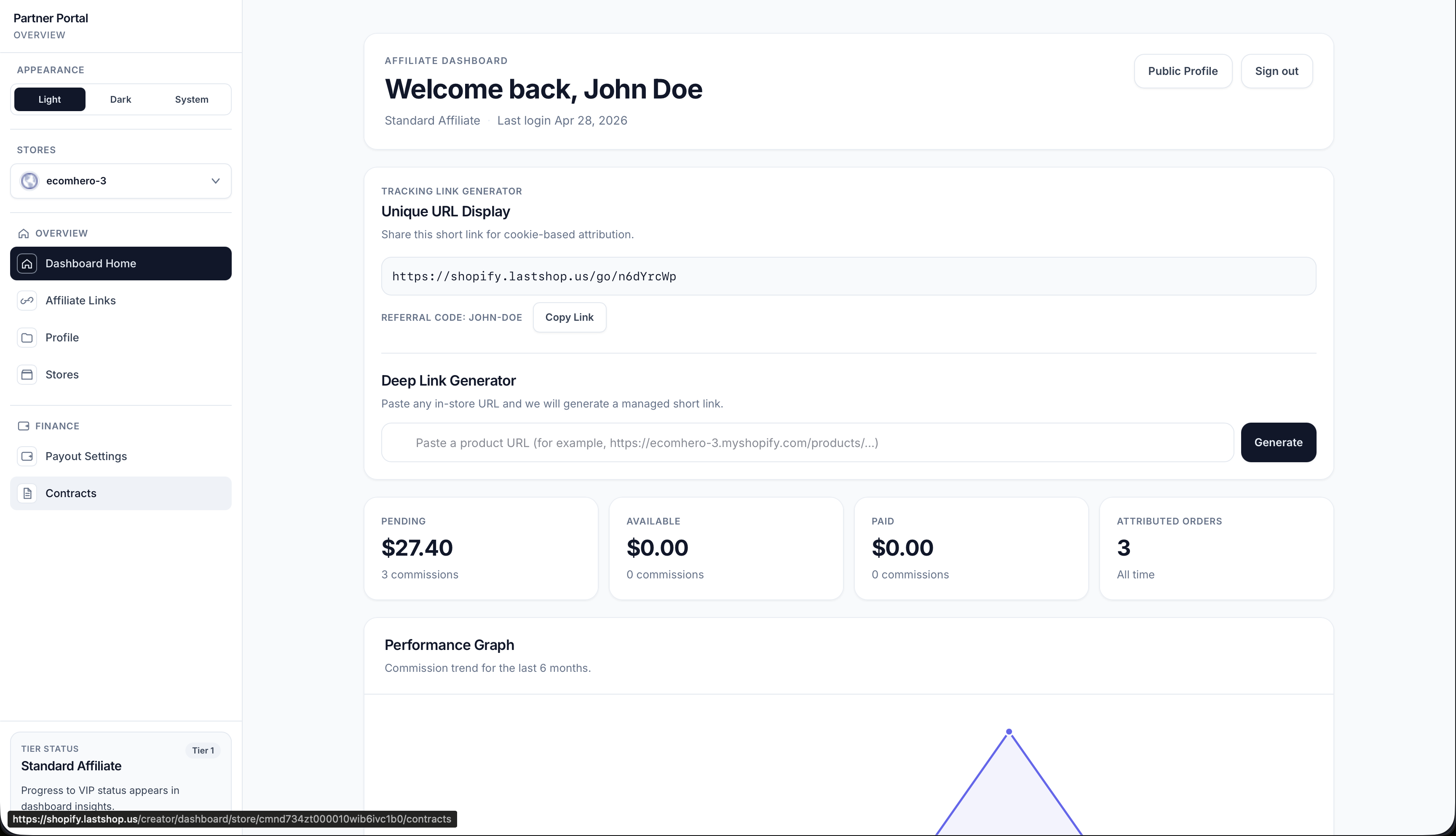 Standard Affiliate dashboard navigation