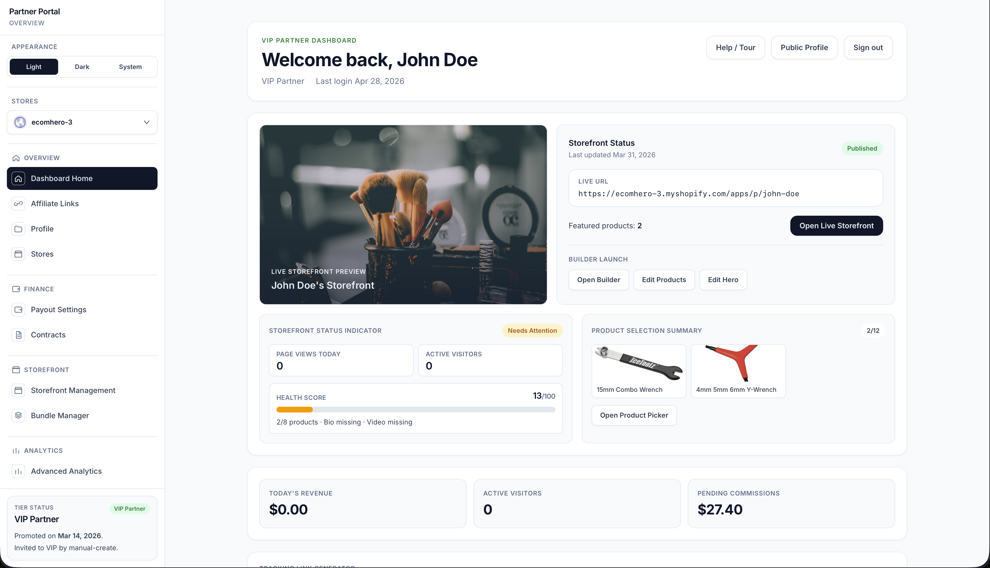 VIP Partner dashboard navigation