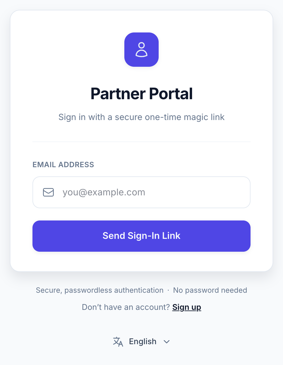 Partner login form and English language dropdown below the signup link