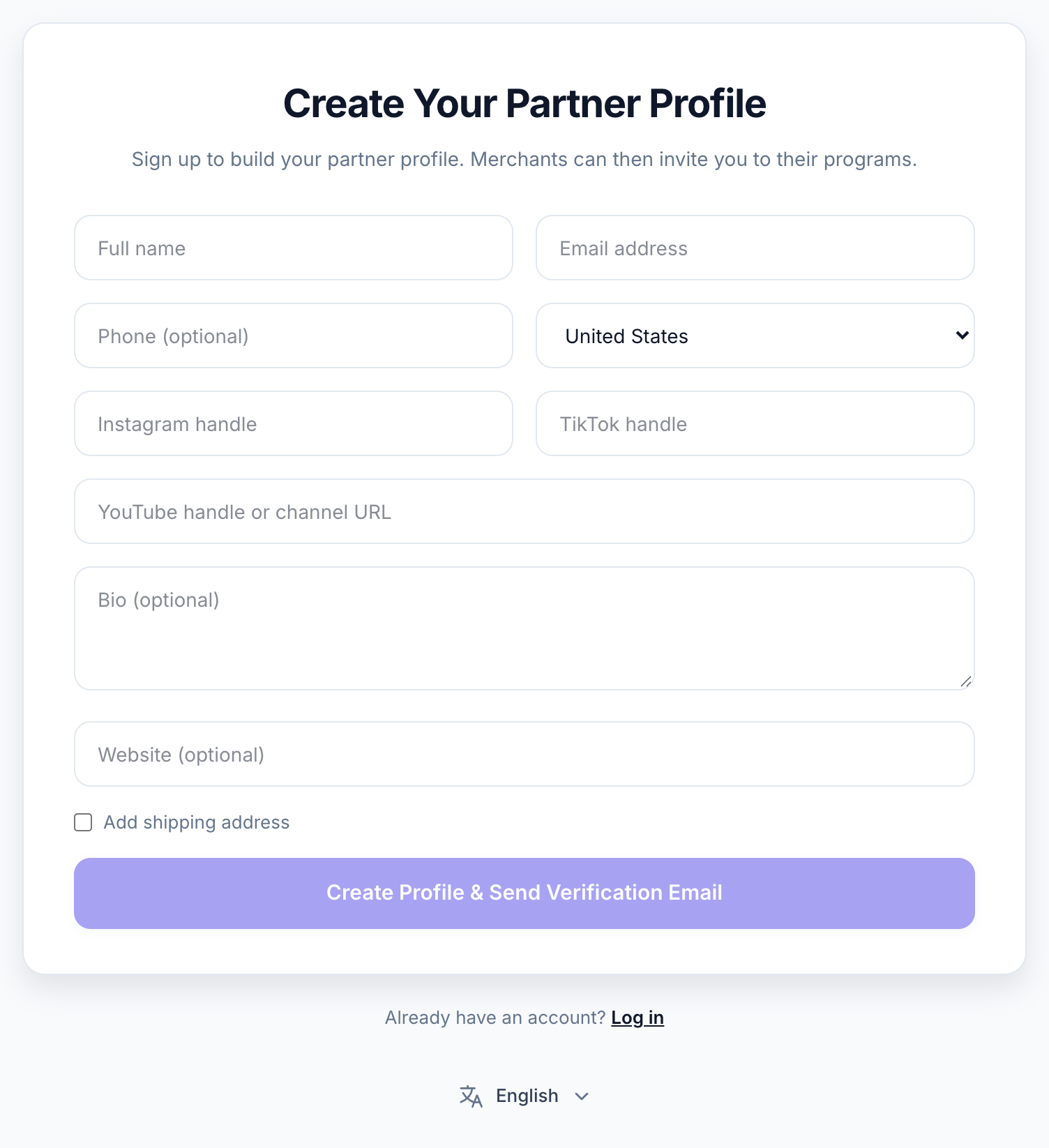 Partner signup fields, disabled creation button and compact language dropdown