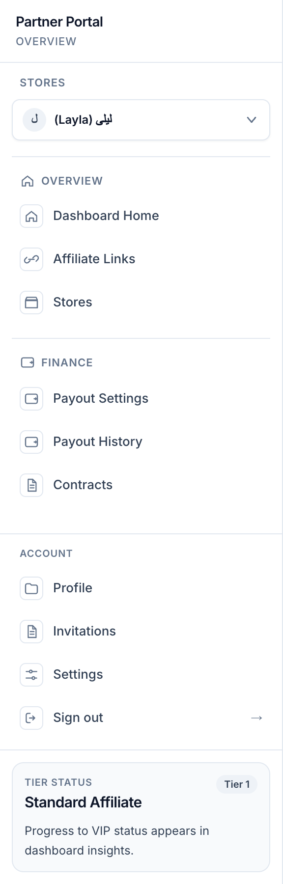 Standard Affiliate navigation showing store, payout, contract and Account Settings links