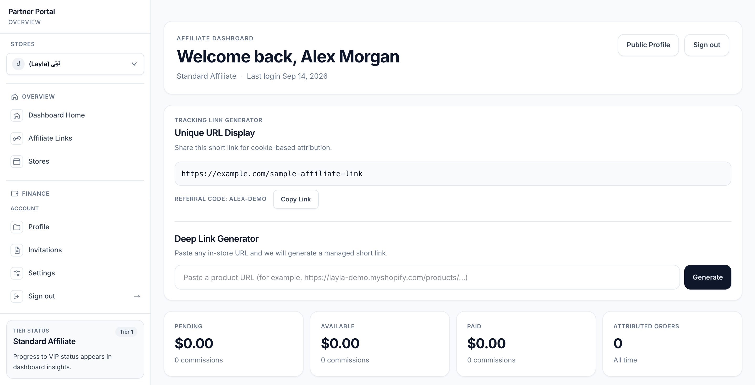 Standard Affiliate dashboard showing link controls, zero balances and the Settings entry