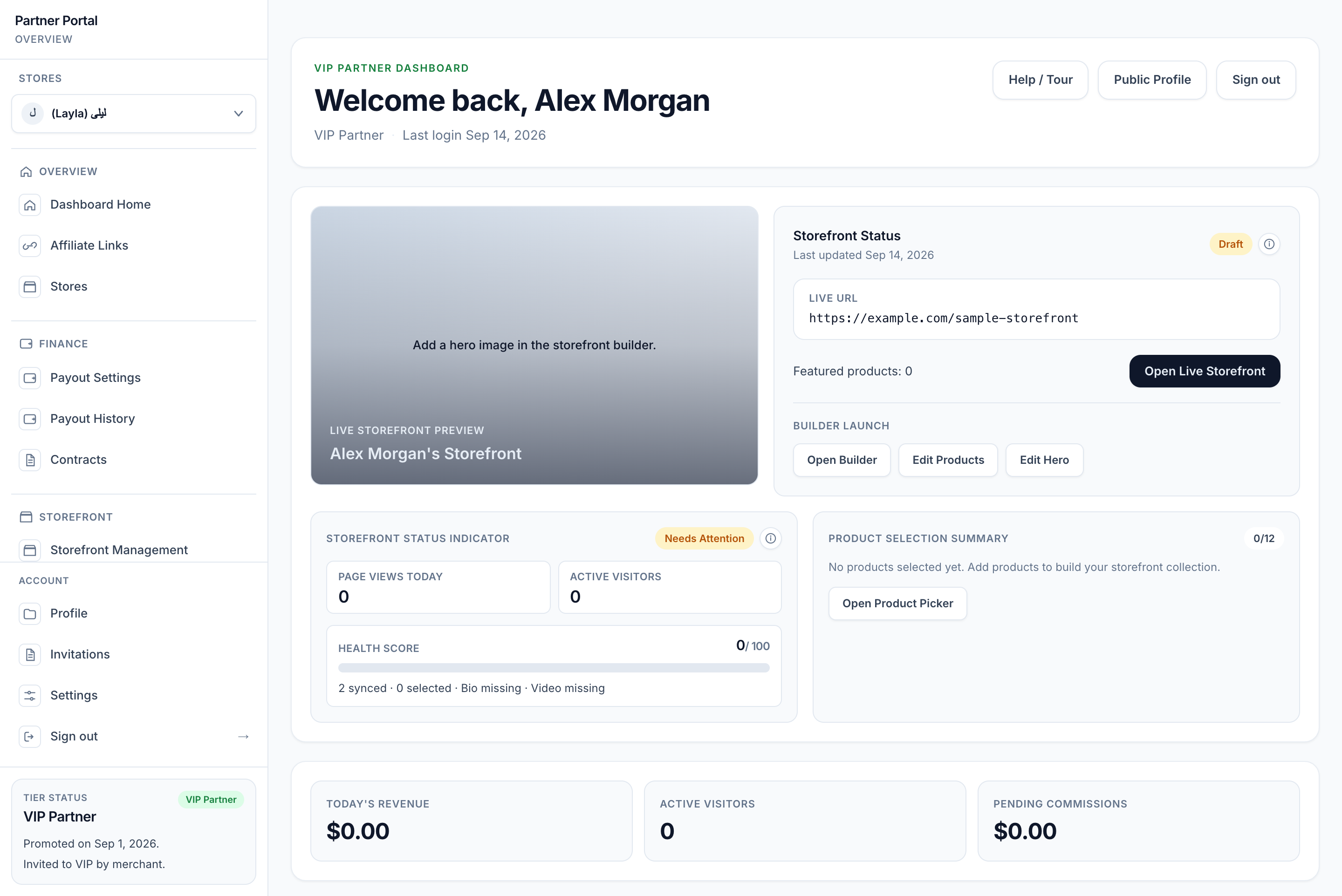 VIP dashboard with draft readiness, builder actions, zero metrics and account Settings
