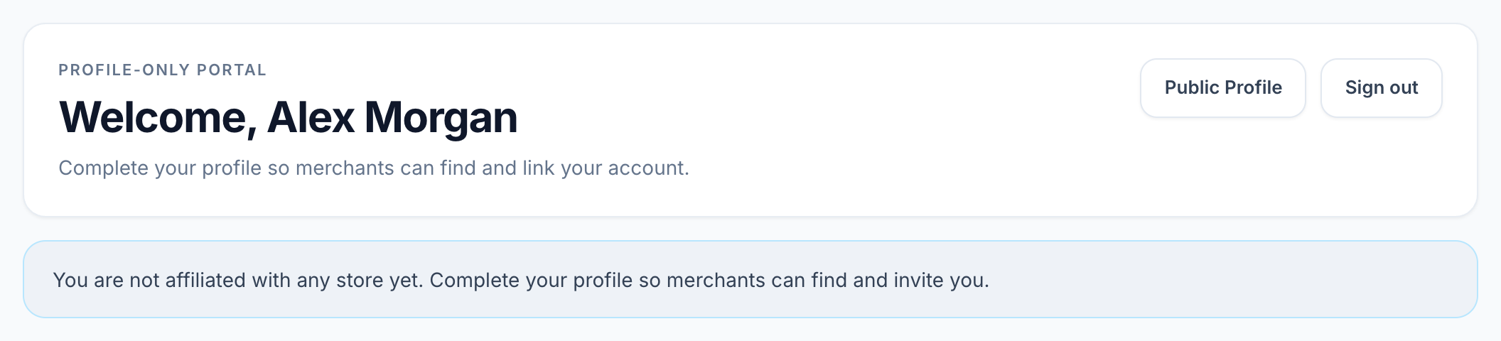 Profile-only welcome header and notice that the partner is not affiliated with a store