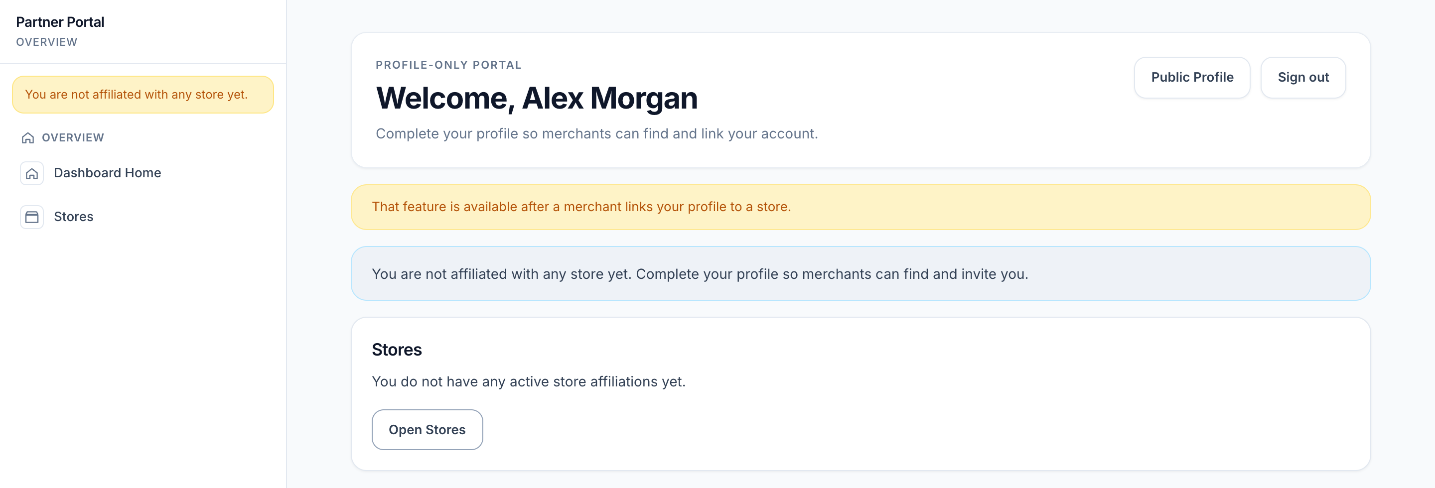 Partner Portal sidebar with no-store notice, a Profile-only Portal welcome for Alex Morgan, an affiliation explanation, and Open Stores.