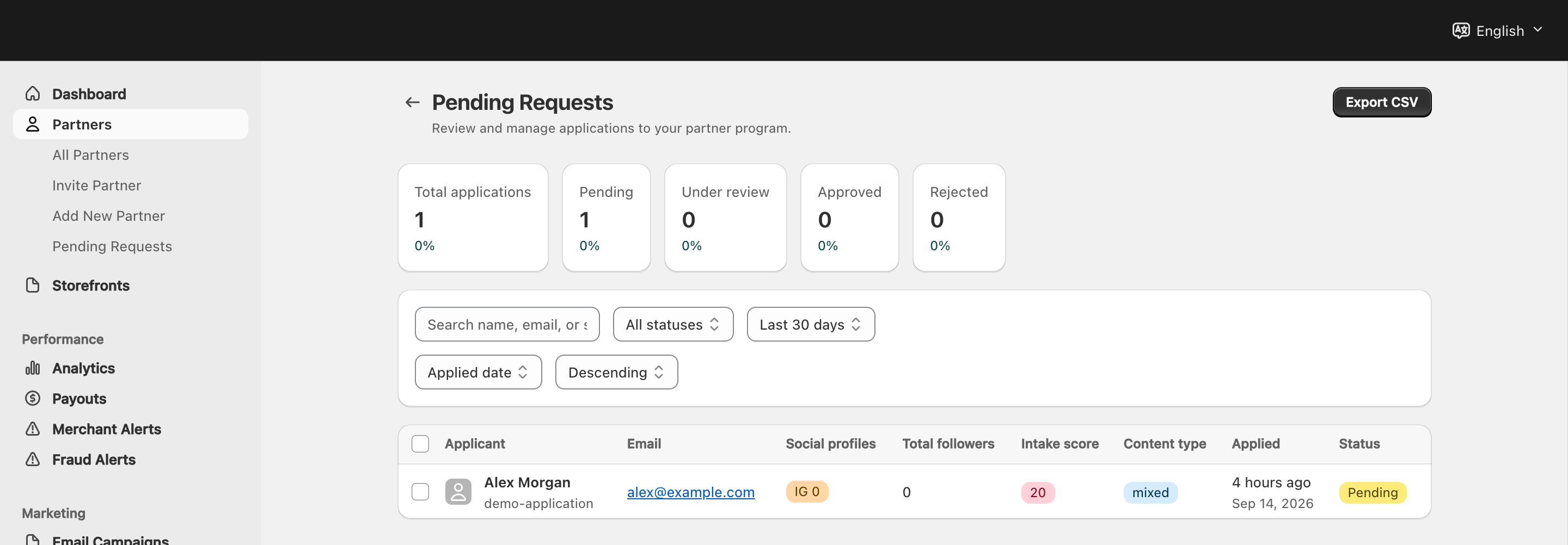 Current Pending Requests list with one fictional pending applicant, search, status/date filters and summary counts