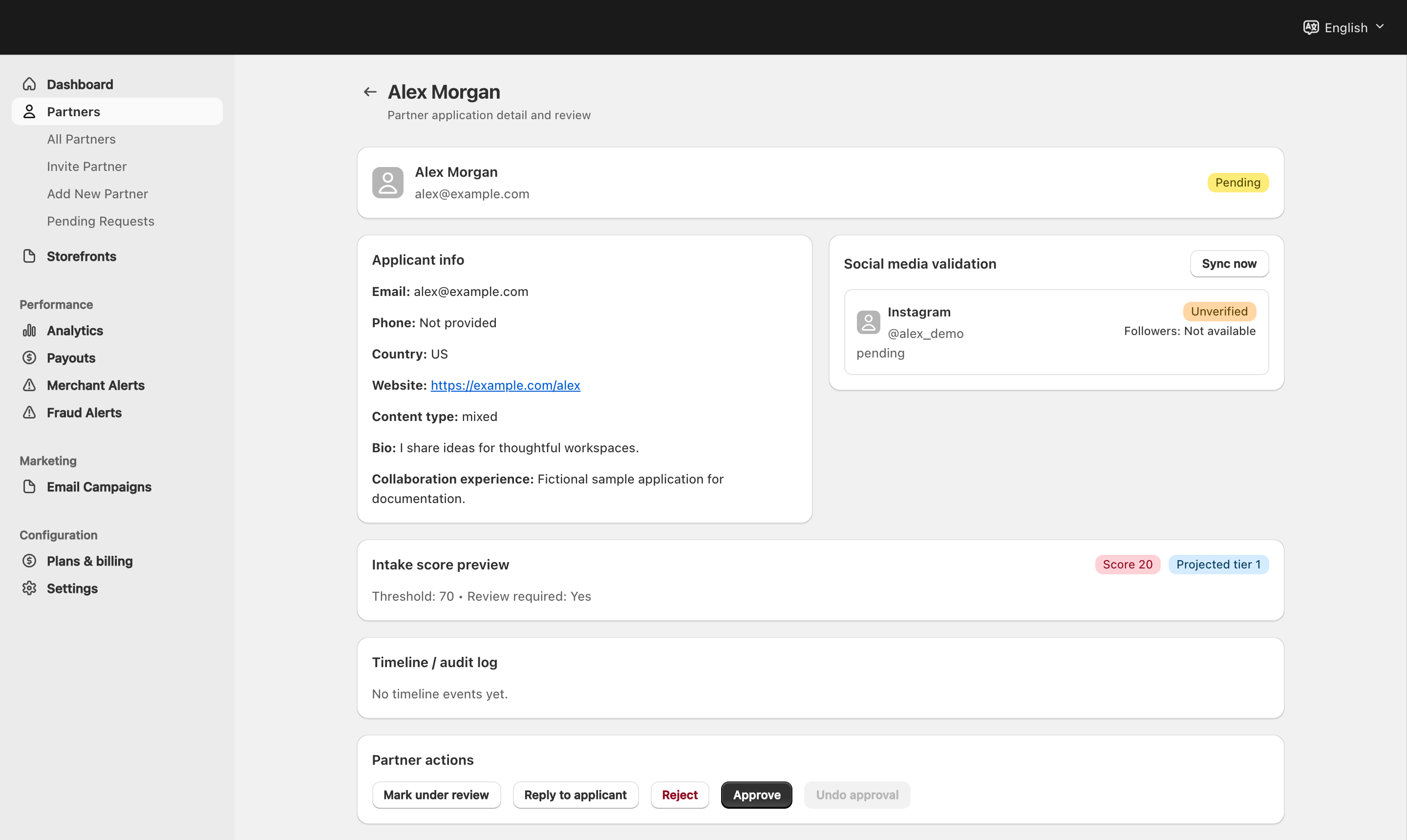 A fictional pending application with unverified social information, intake review context and available review actions