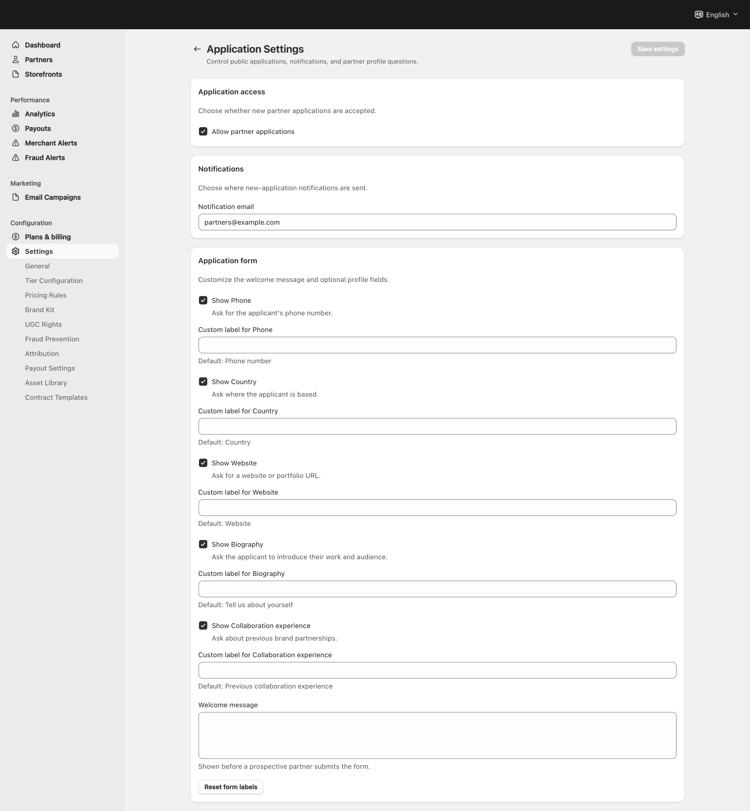 Current Application Settings with applications enabled and a fictional notification address