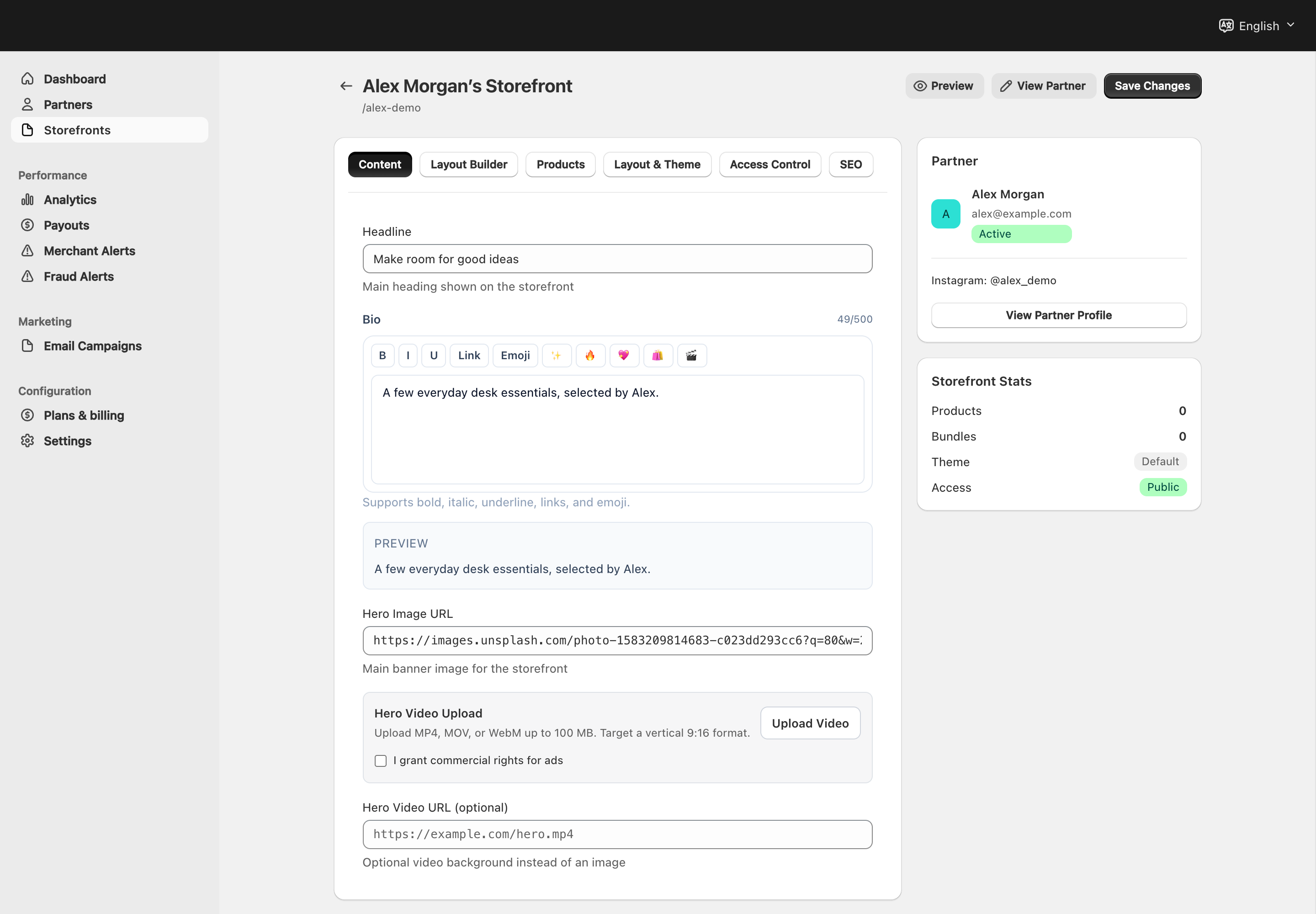 Merchant builder Content tab for fictional Alex Morgan, with partner identity, storefront access, Preview and Save Changes