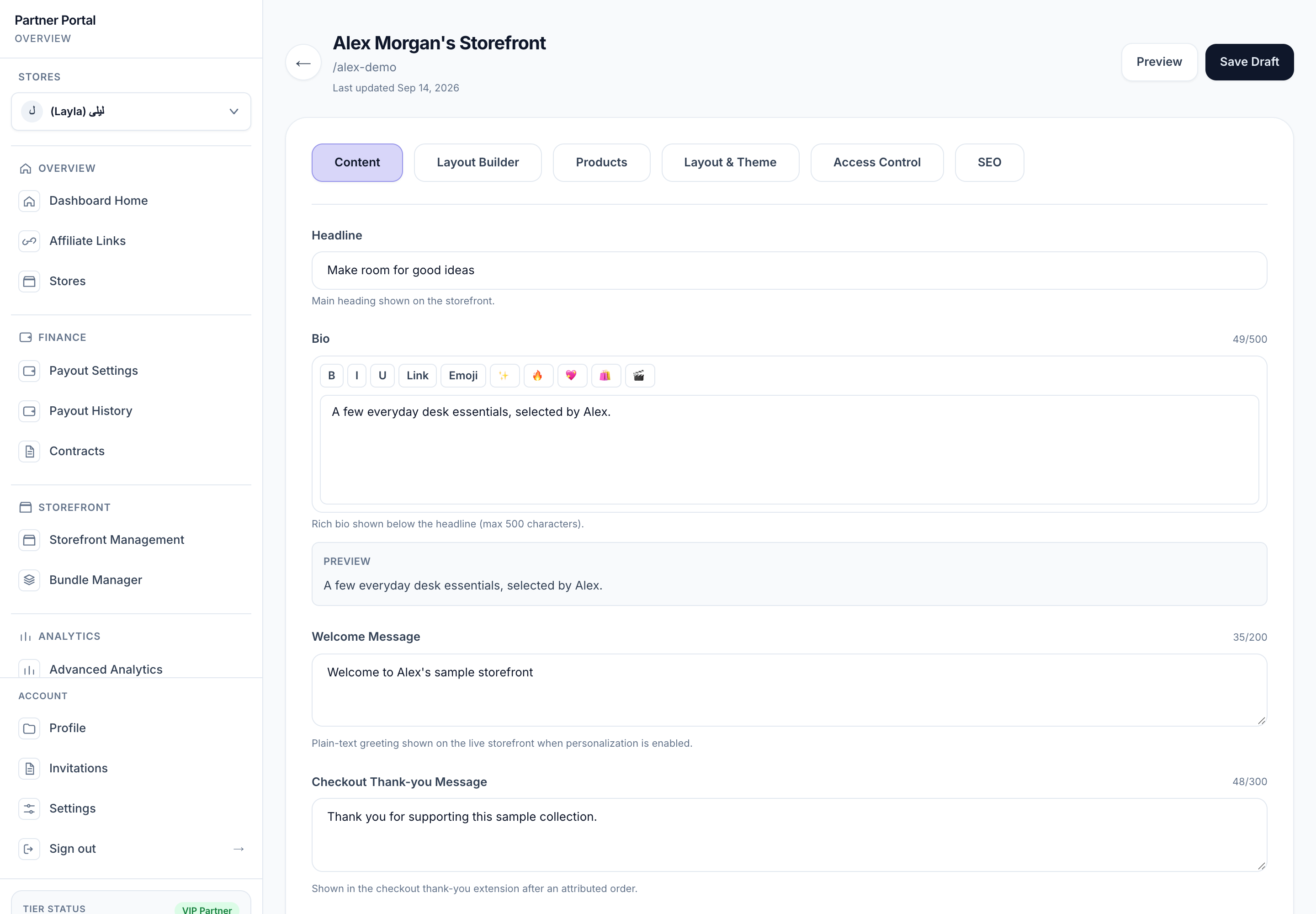 VIP storefront Content editor with the partner sidebar and active store