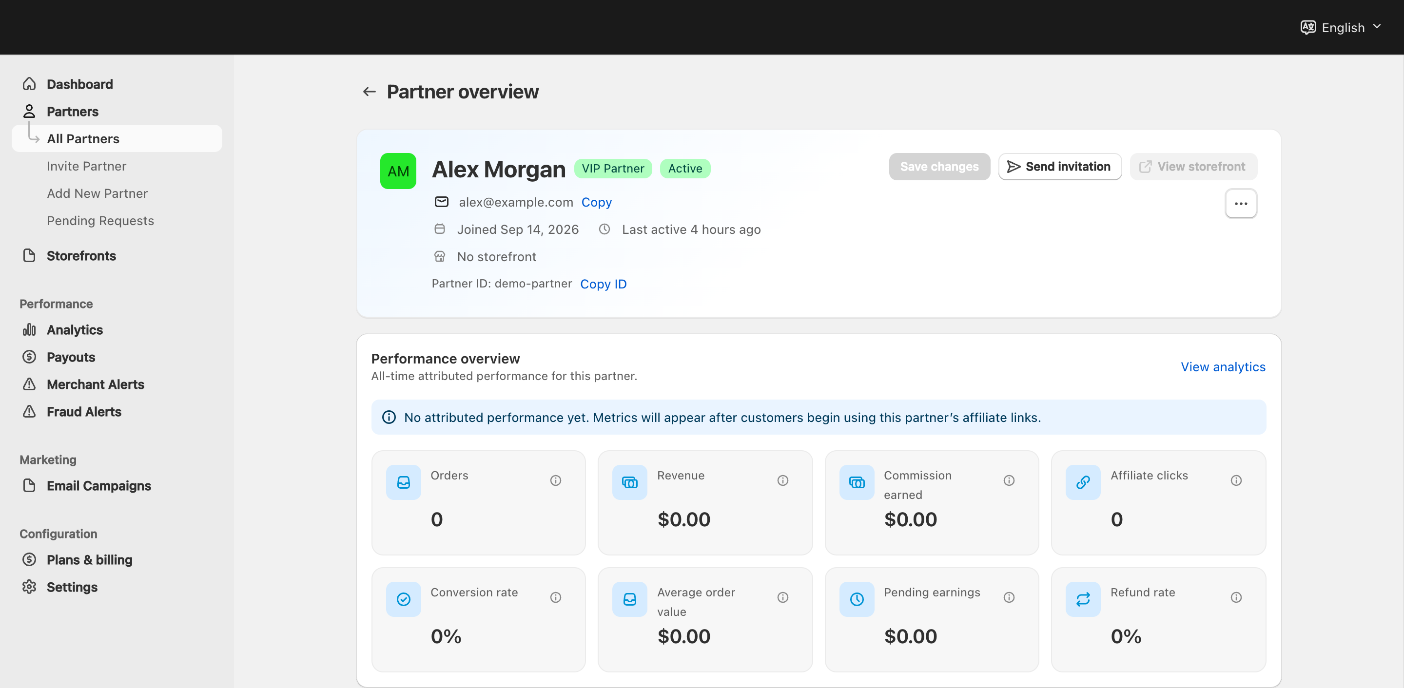 Current merchant Partner overview for fictional Alex Morgan, showing identity, status and performance summary