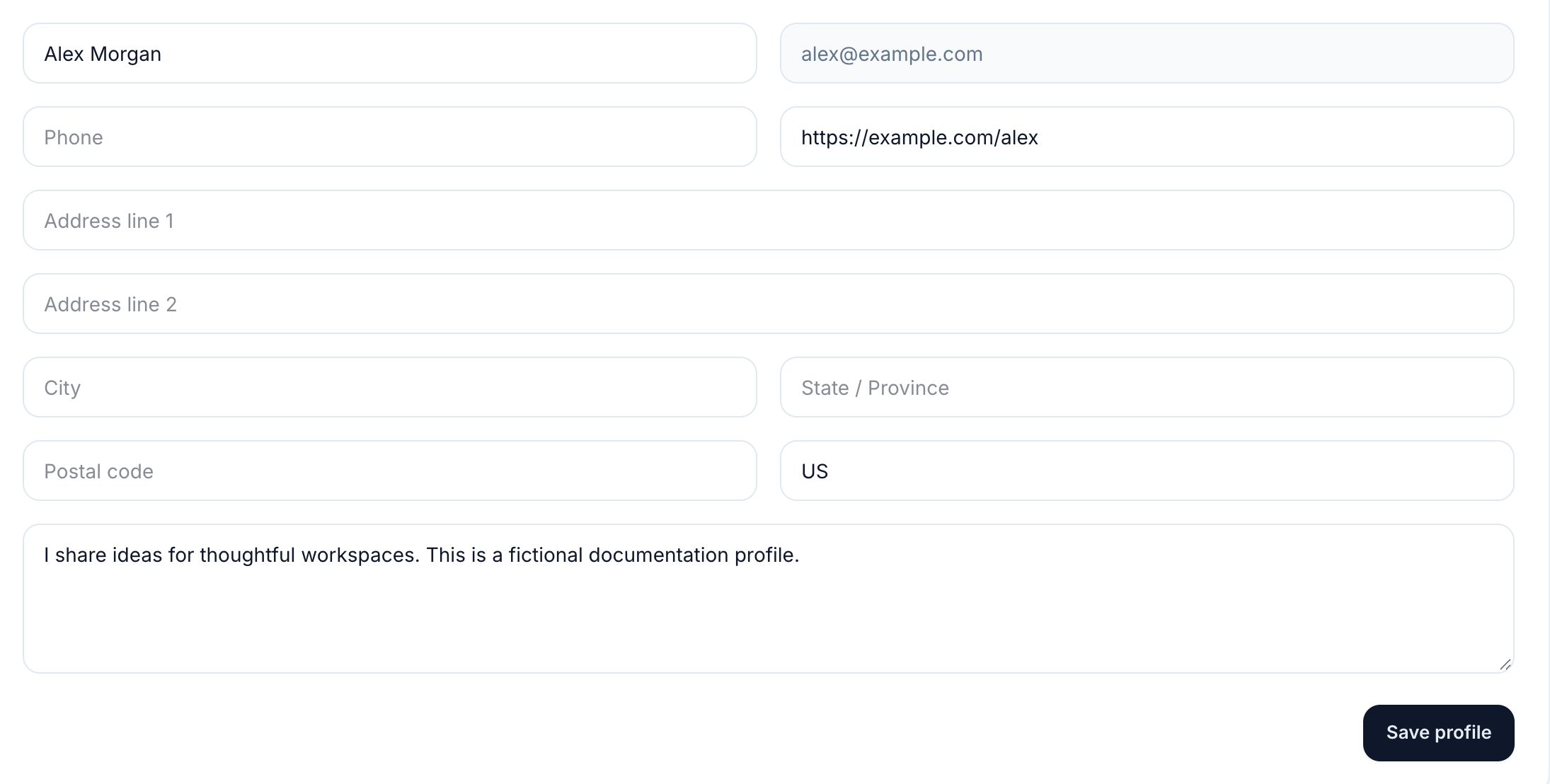 Fictional profile name, read-only email, website, optional address and bio fields with Save profile