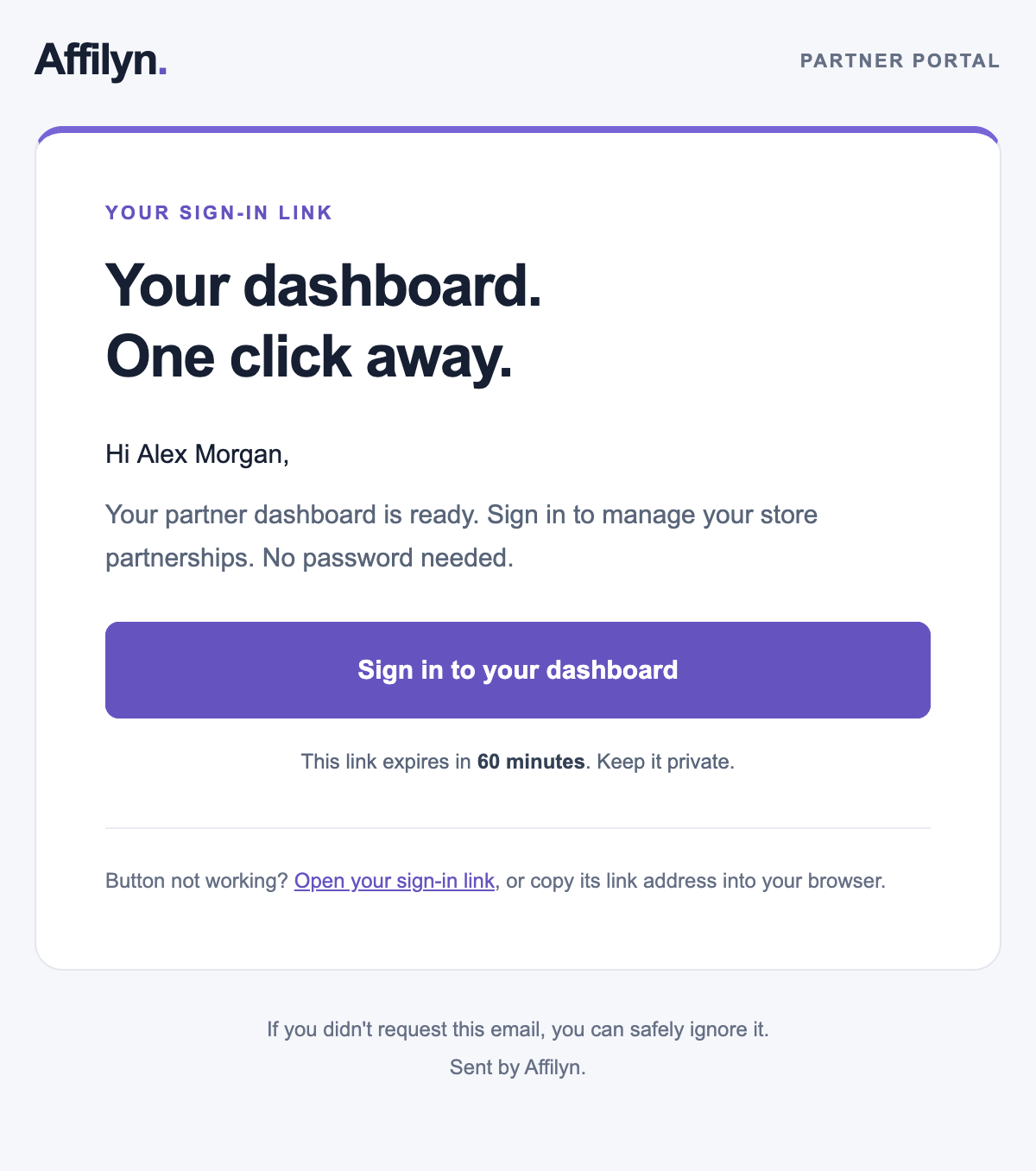 The current Affilyn sign-in email template rendered locally for fictional Alex Morgan