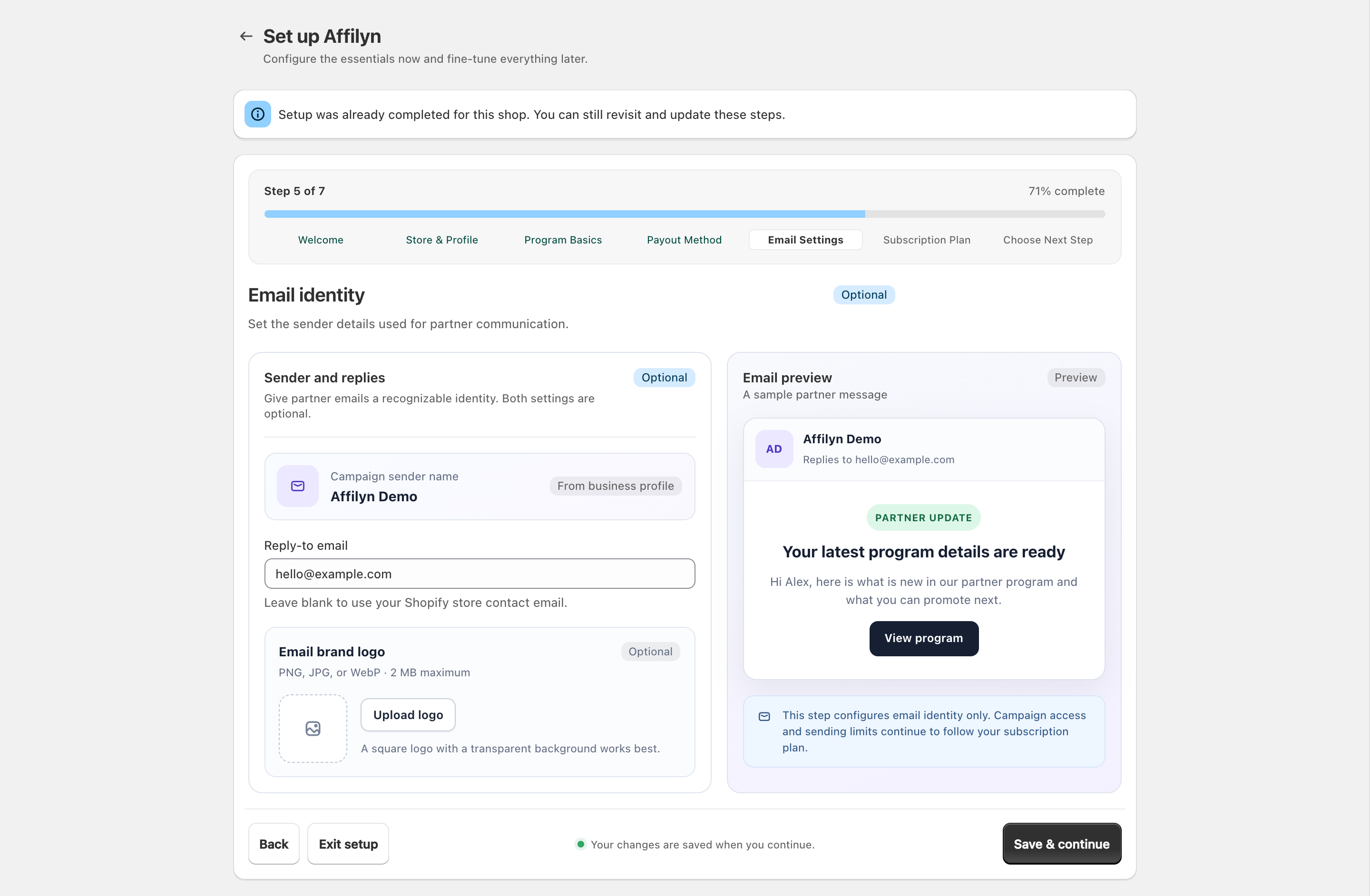 The current wizard Email Settings step with fictional sender details and reply-to address