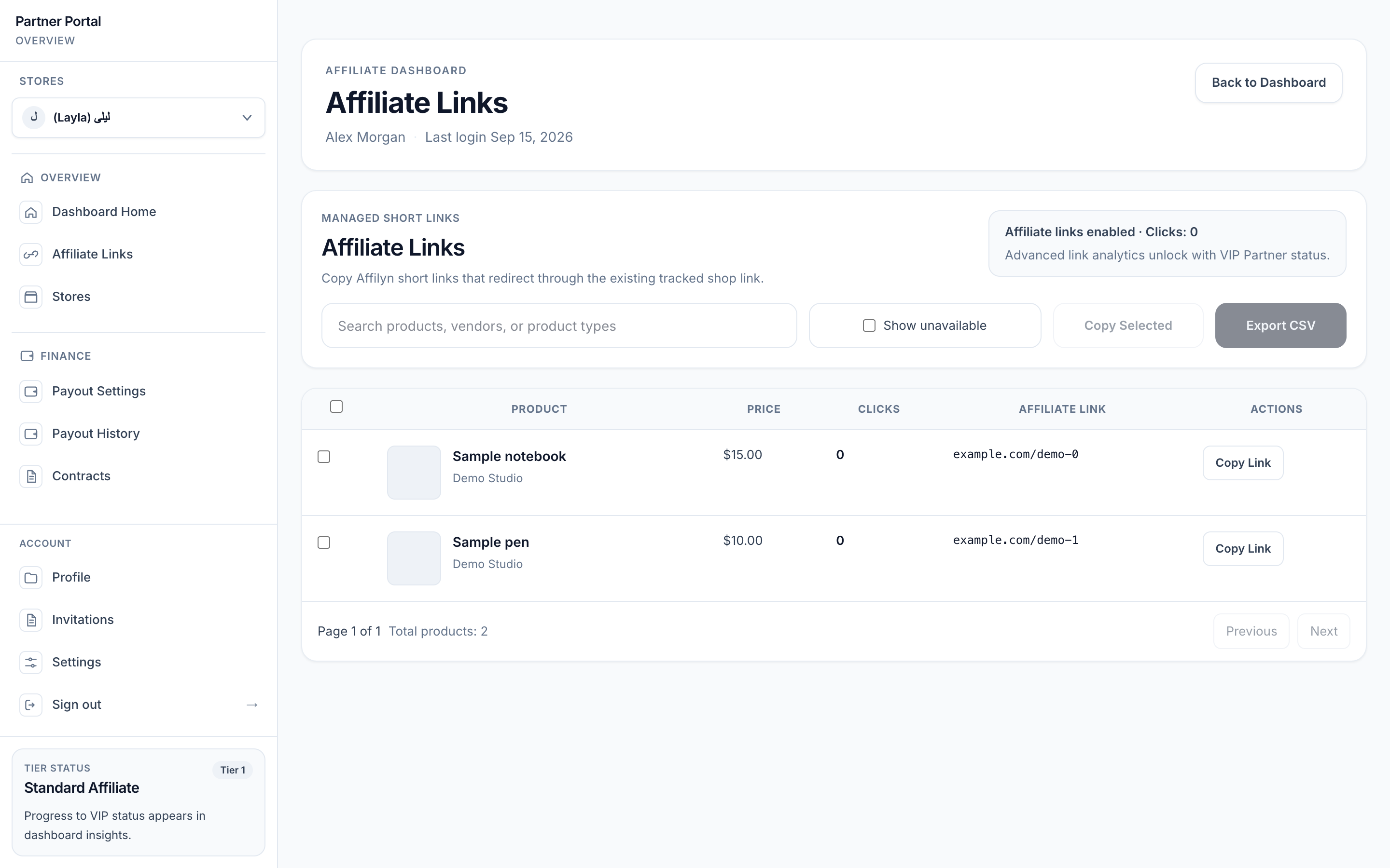 Partner Affiliate Links page with store context, search, Show unavailable, disabled bulk actions and two fictional product rows