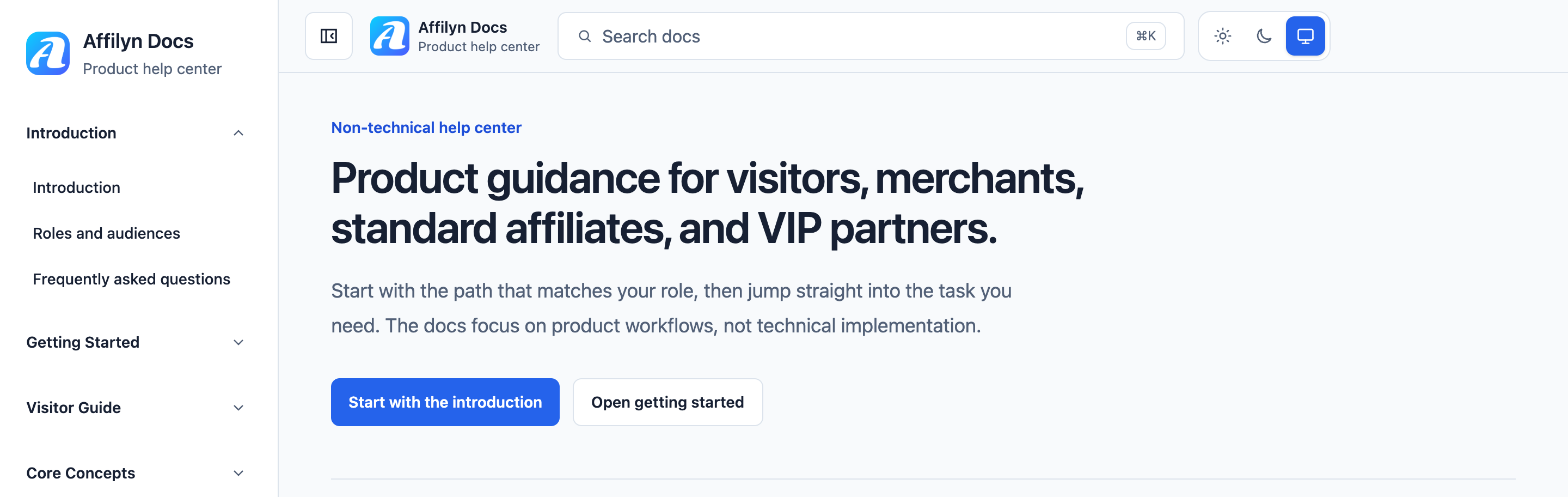 Affilyn documentation home header, search field, sidebar and introductory guidance