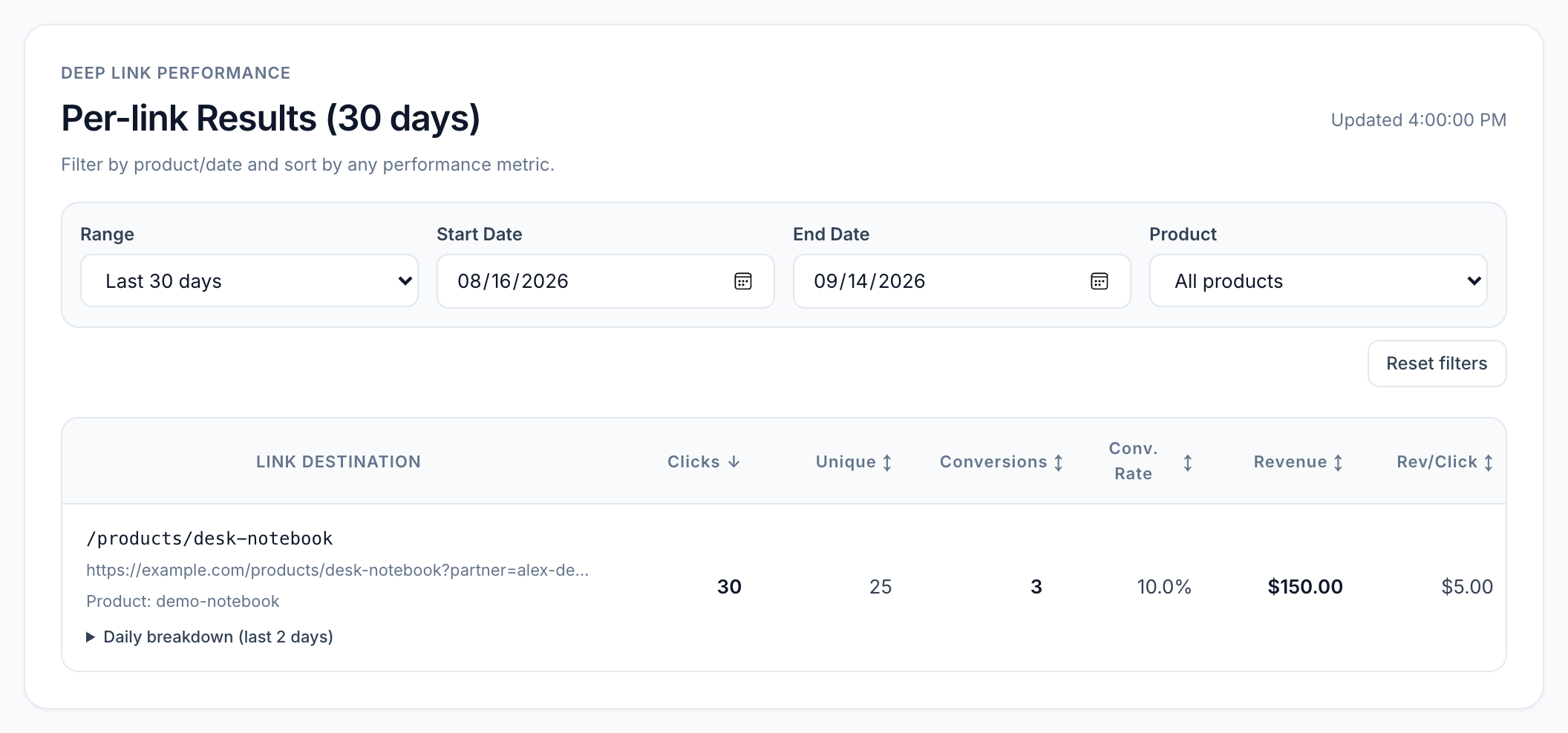 Date and product filters above a sample deep link performance table