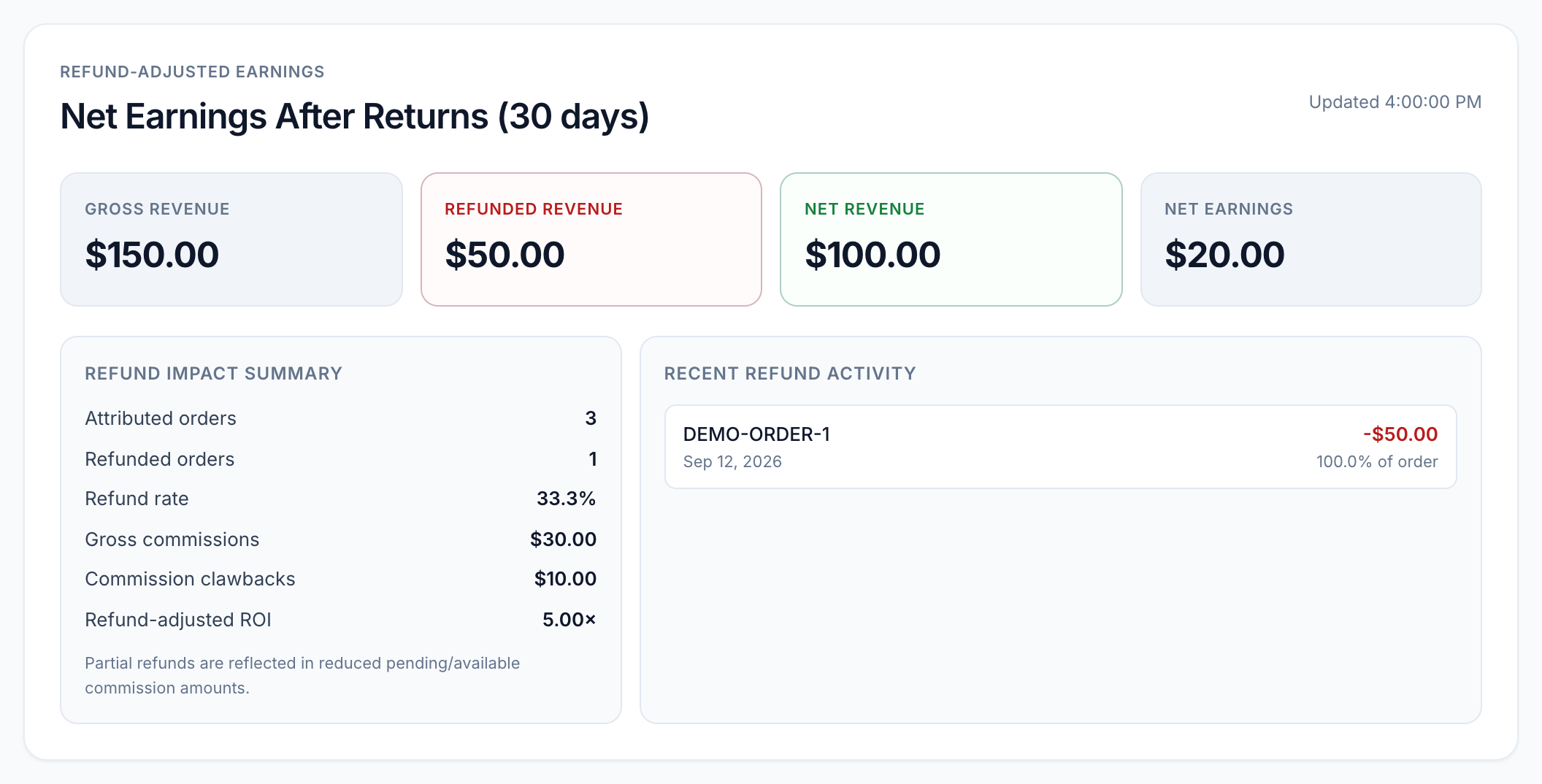 Refund-adjusted earnings and one fictional refund activity row