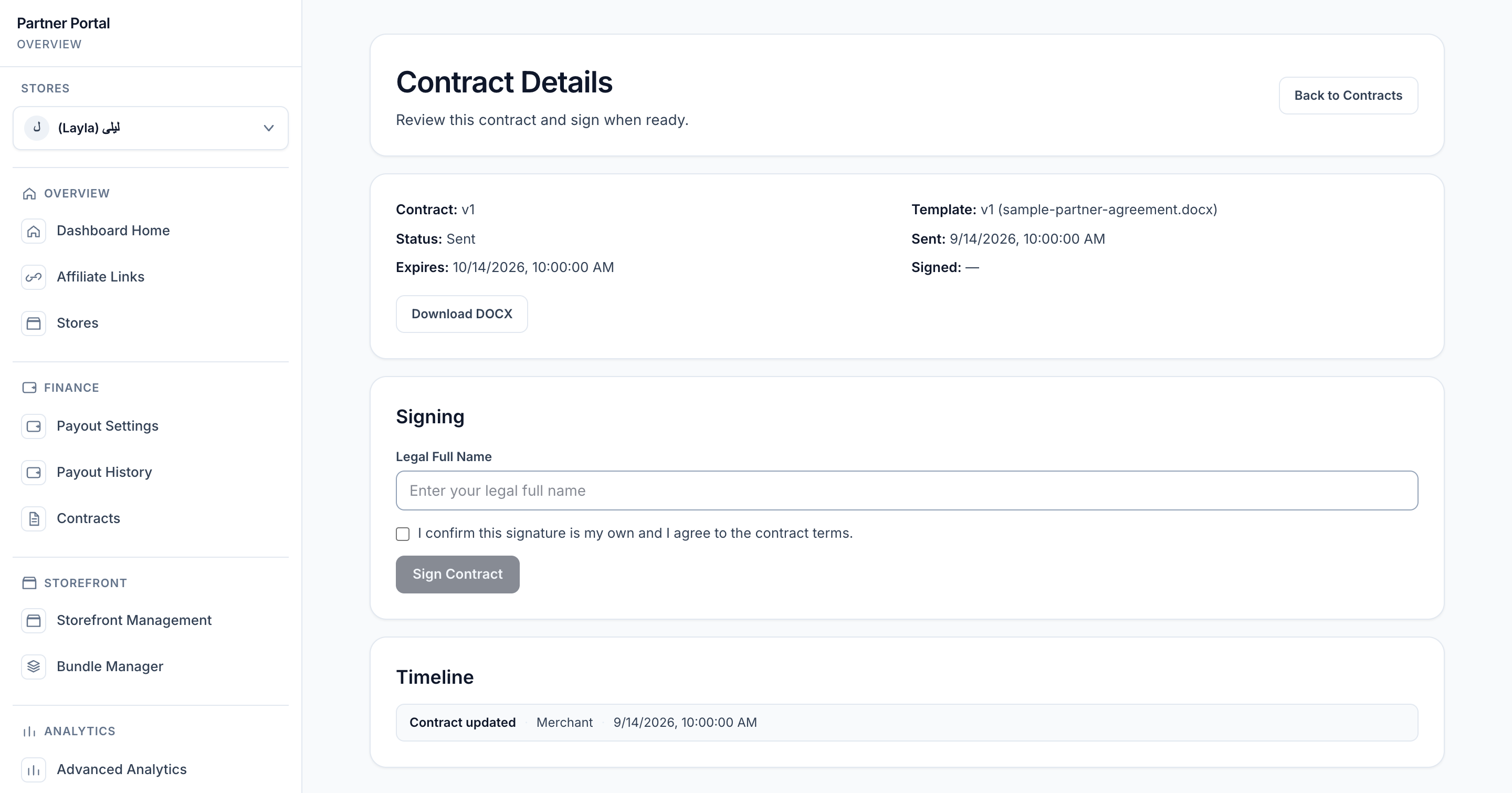 Unsigned contract detail with signing fields, unchecked attestation and timeline