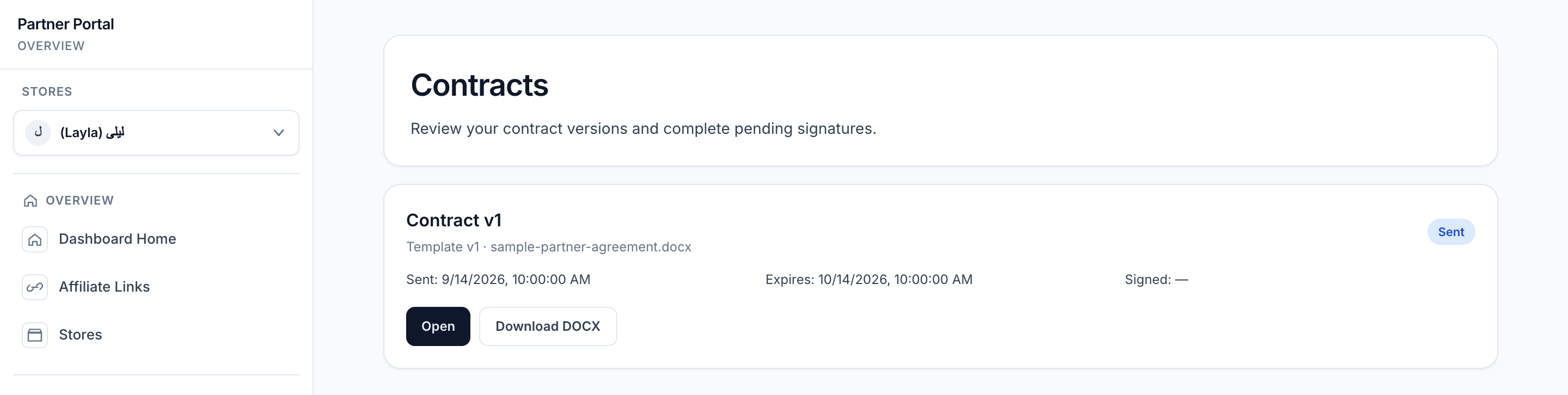 Contracts list showing a sent sample agreement with no signed date