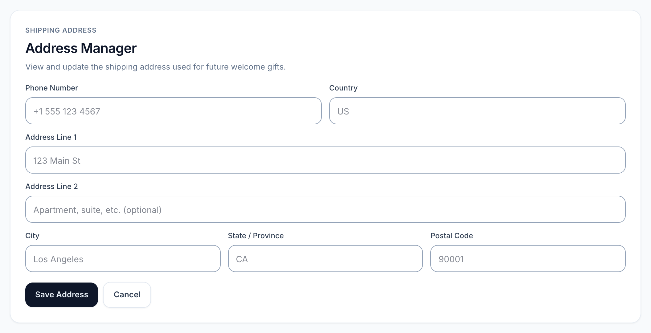 Address manager with phone, country, street, city, region and postal-code fields
