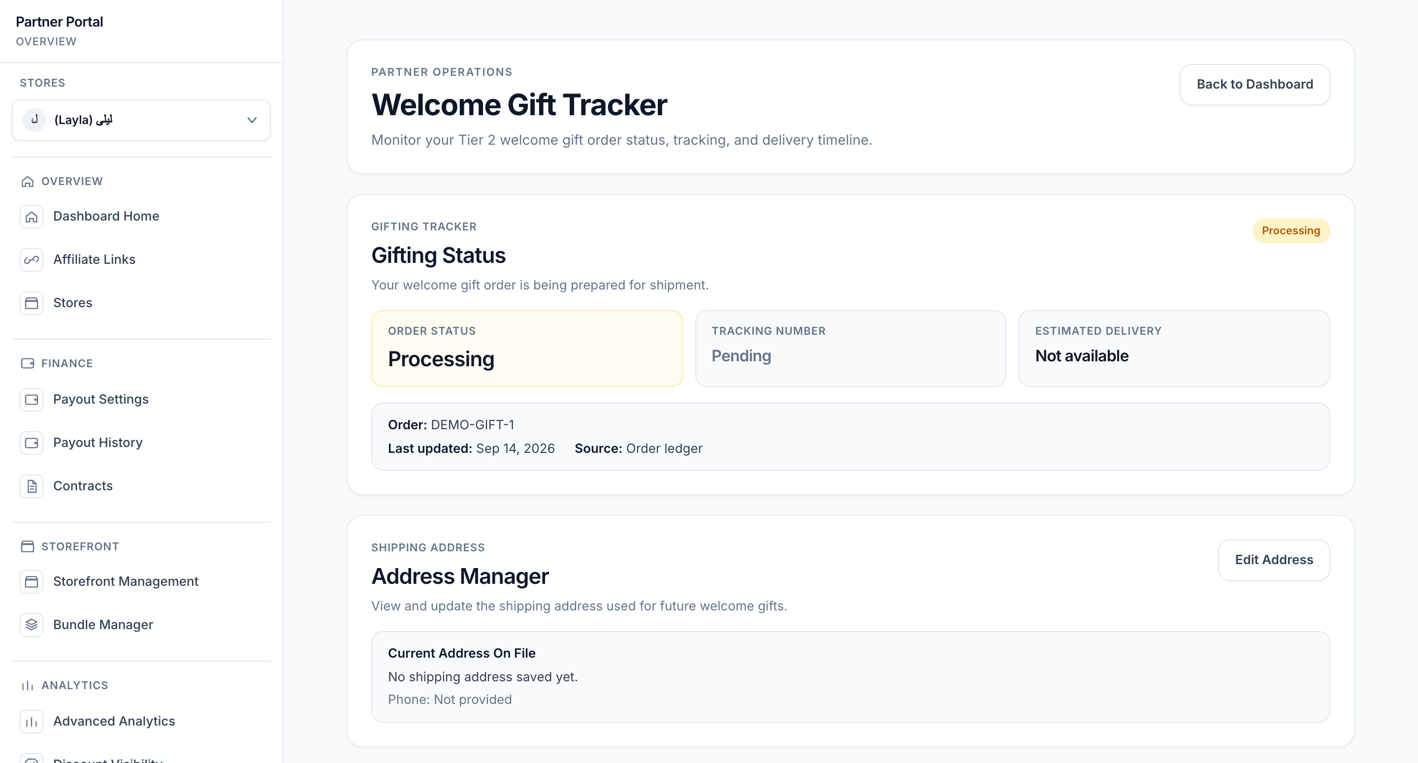 Gift tracker showing processing status, pending tracking and no saved shipping address