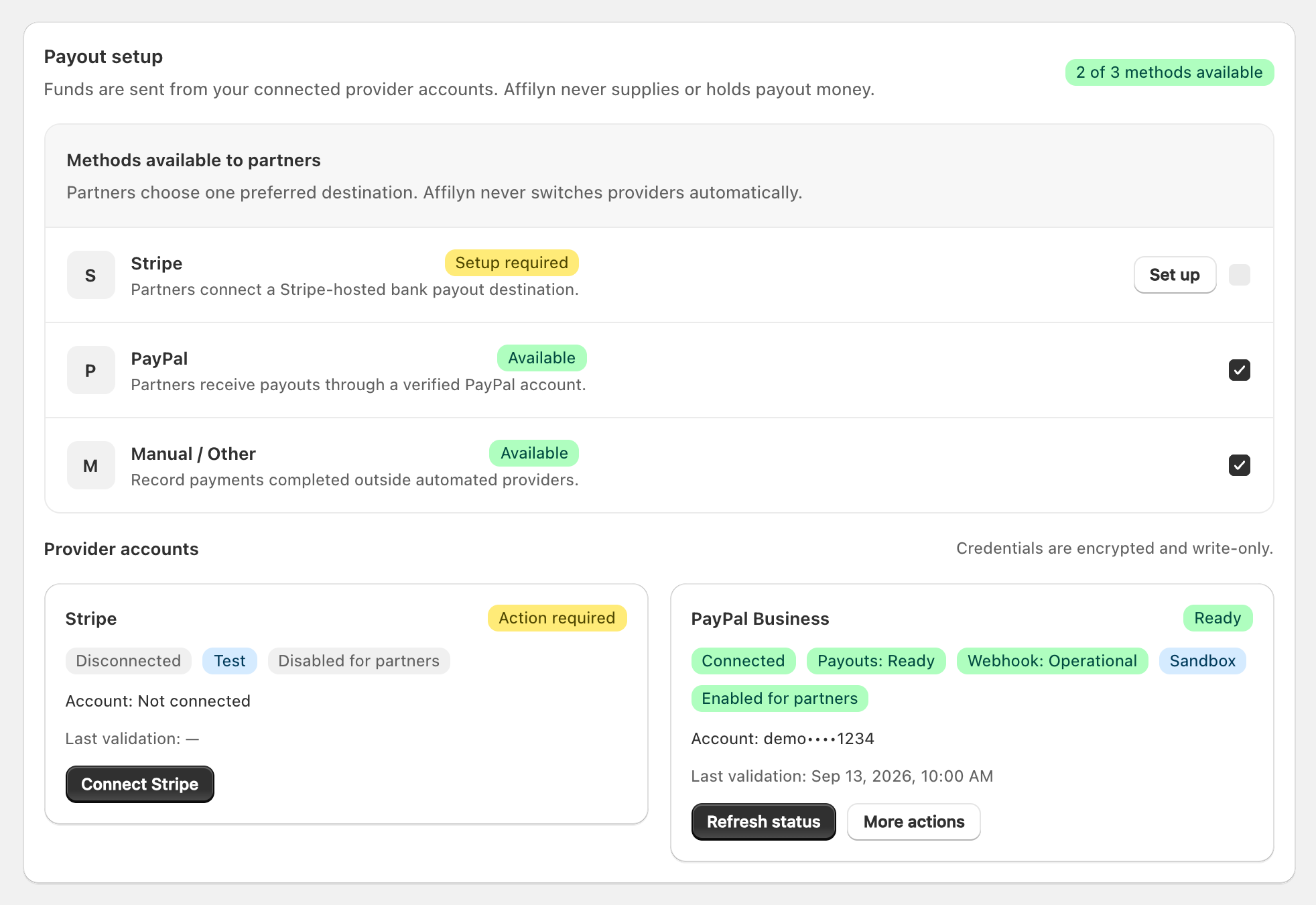 Merchant payout methods and separate Stripe and PayPal provider account cards