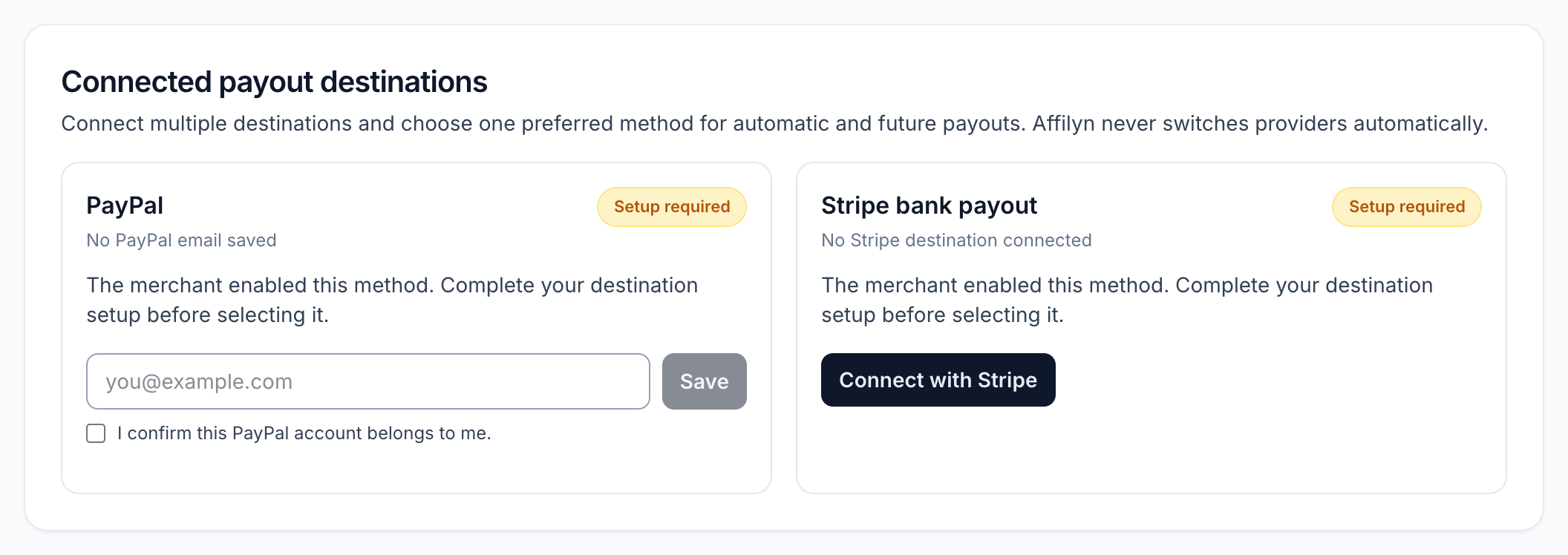 PayPal email and ownership fields beside the Connect with Stripe button