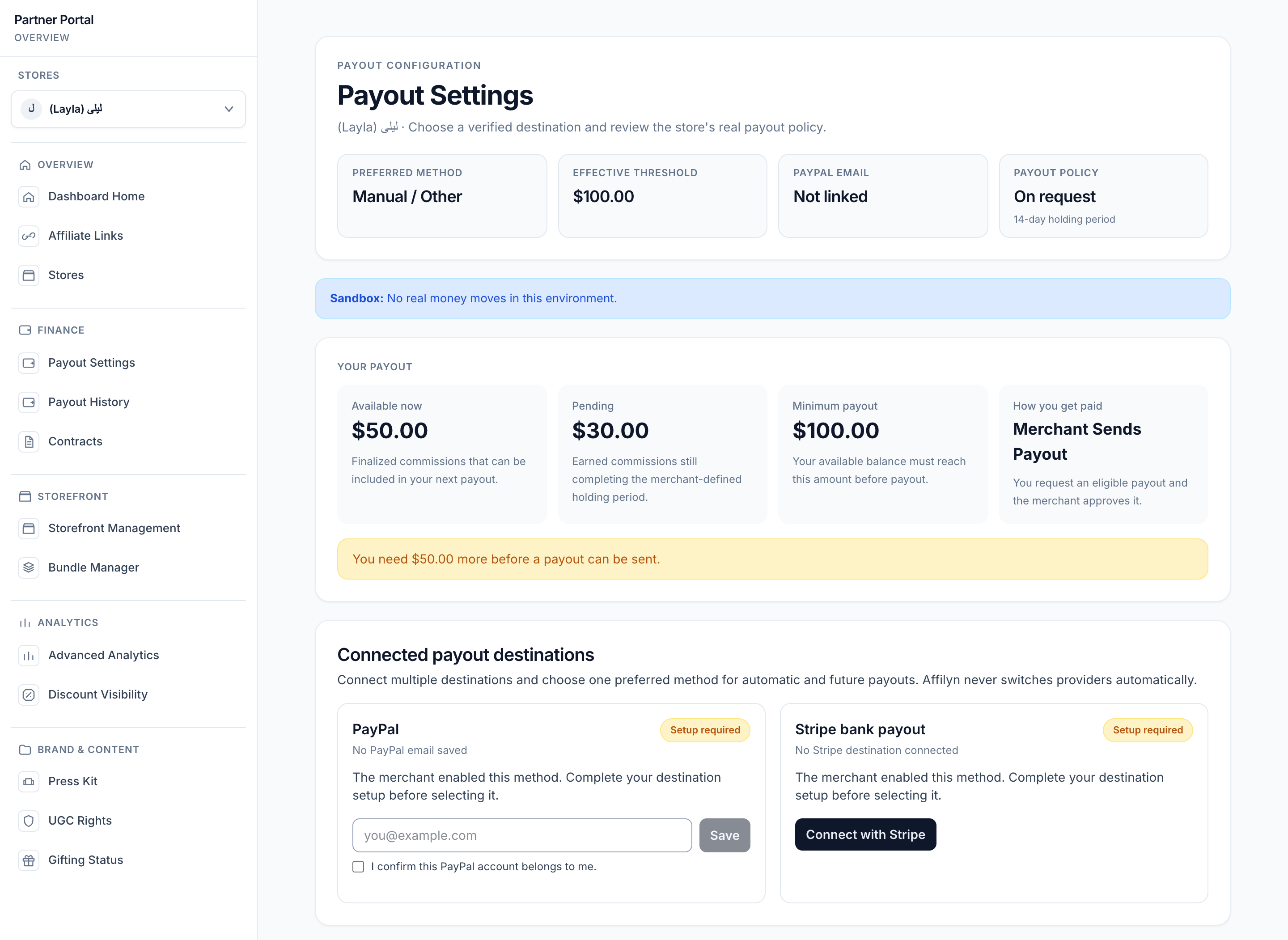 Partner payout summary, threshold notice and destination setup cards