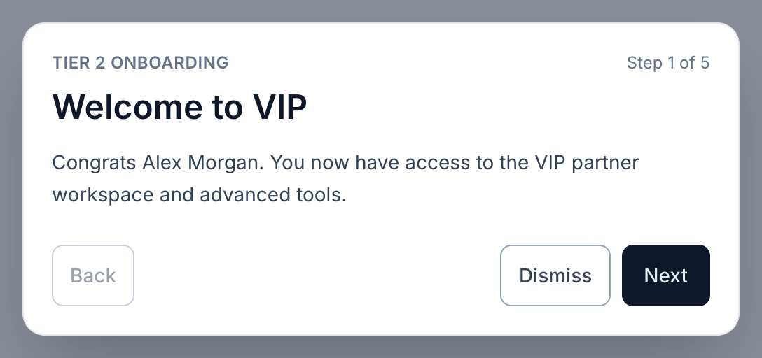 VIP welcome dialog with Back, Dismiss and Next controls