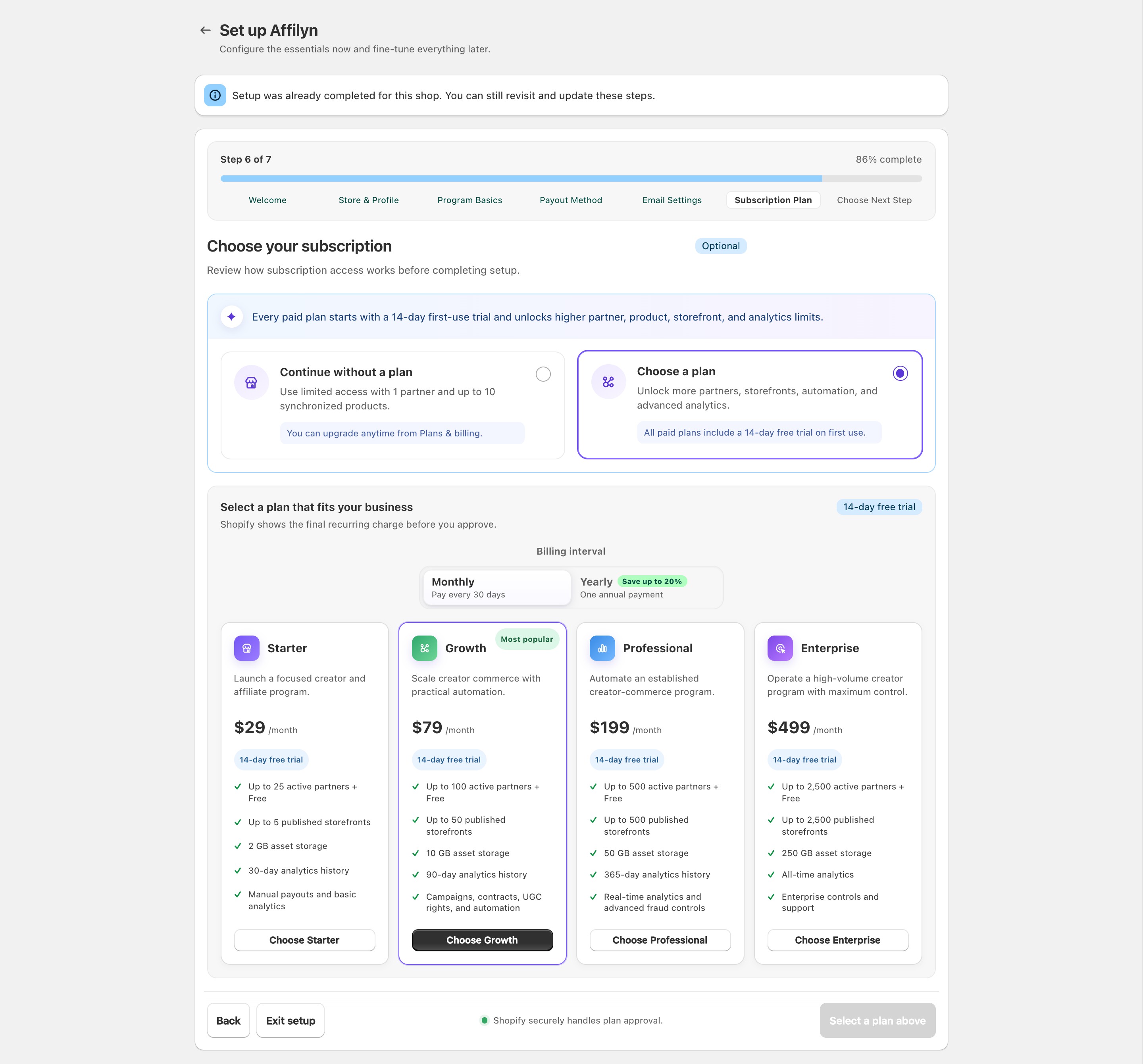 Setup wizard showing optional free access, paid plan comparison and billing interval controls