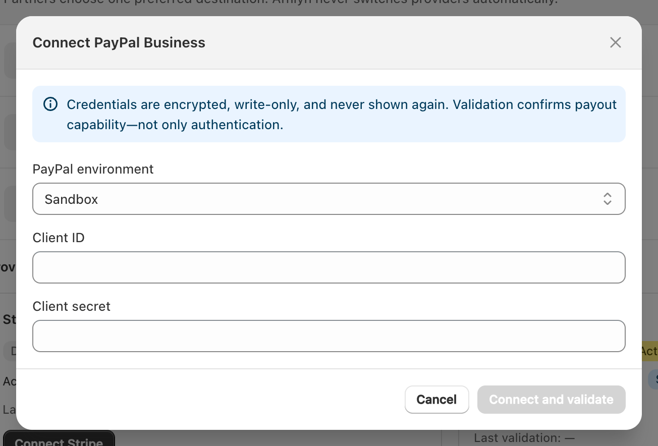 PayPal Business connection dialog with Sandbox selected, empty Client ID and Client secret fields, and a disabled Connect and validate button.