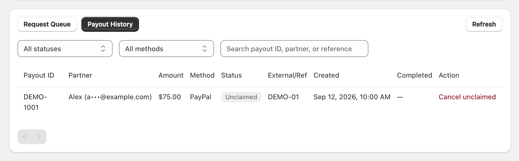 Payout History table with a fictional 75 USD PayPal payout marked Unclaimed, a masked sample email, and the Cancel unclaimed action.
