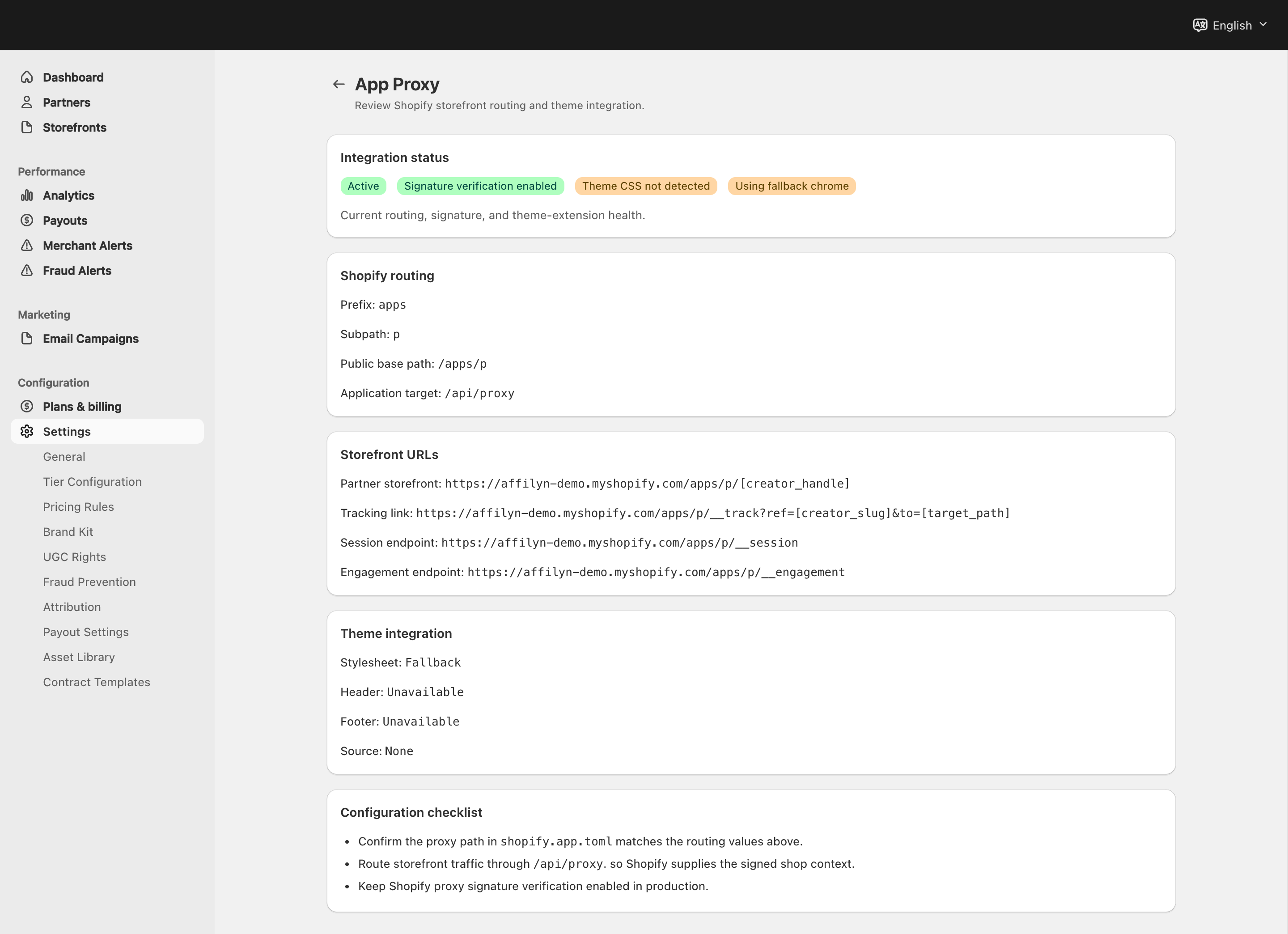 App Proxy status, routing, sample storefront URLs and theme fallback diagnostics