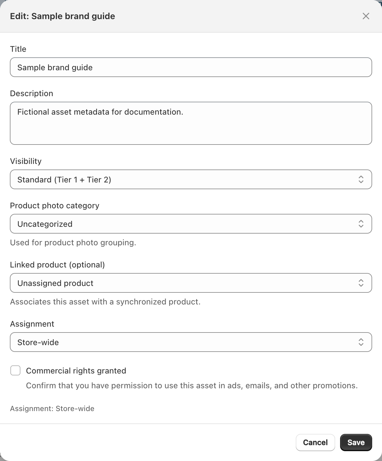 Desktop asset detail dialog with metadata, visibility, assignment and commercial-rights controls