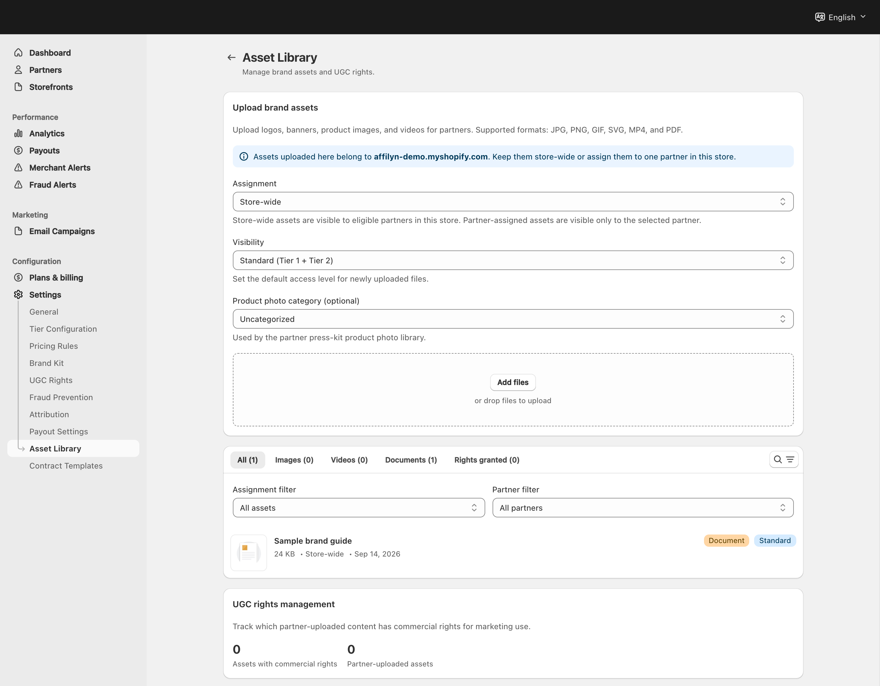 Asset Library upload controls, filters and a sample brand-guide document