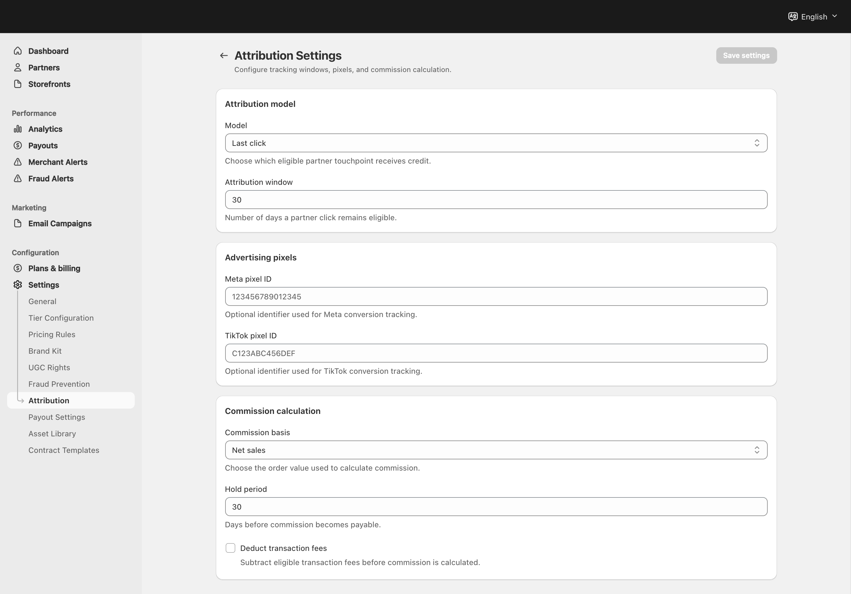 Attribution model, advertising pixel fields and commission basis controls