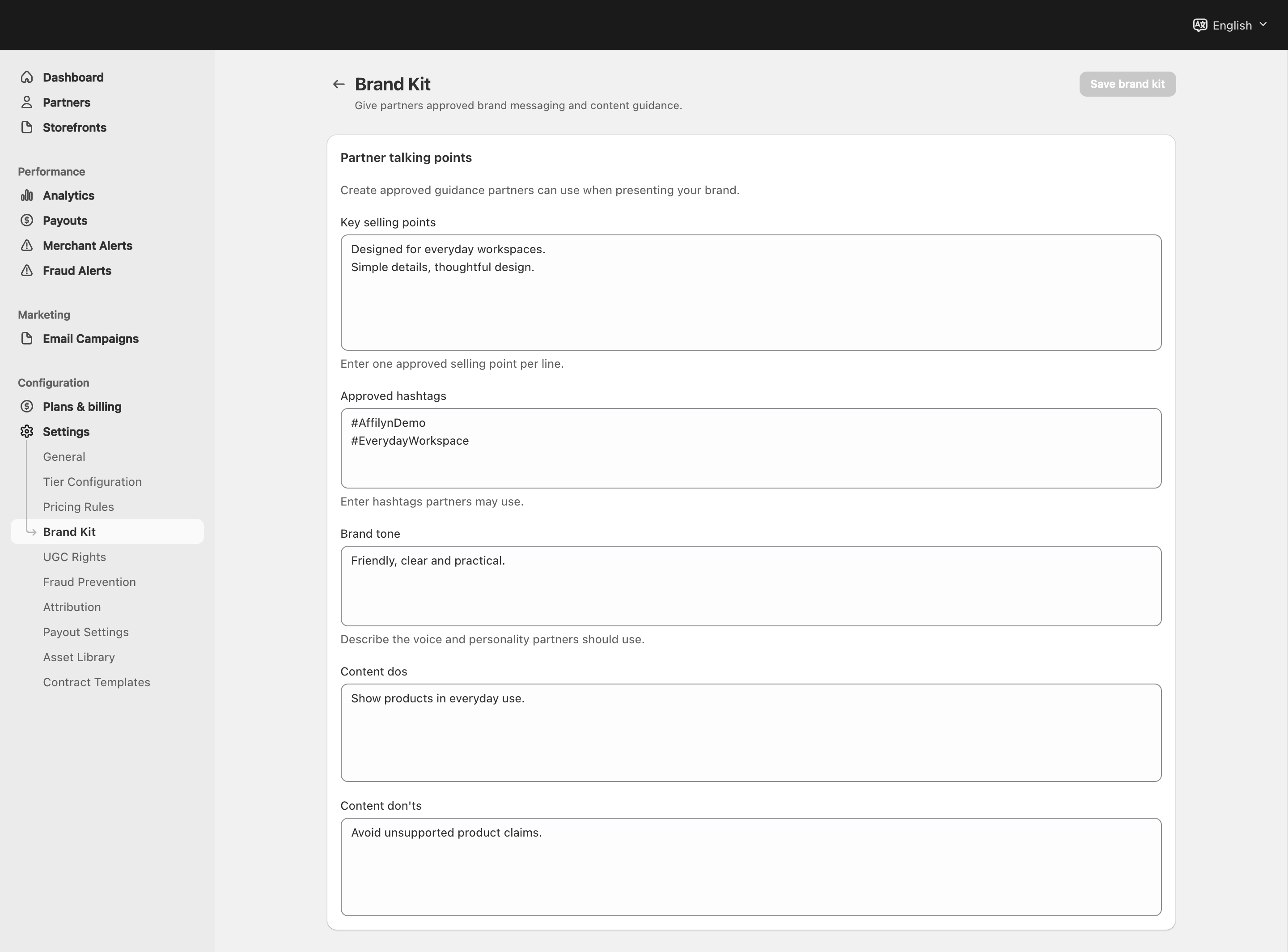 Brand Kit fields containing sample workspace messaging and hashtags
