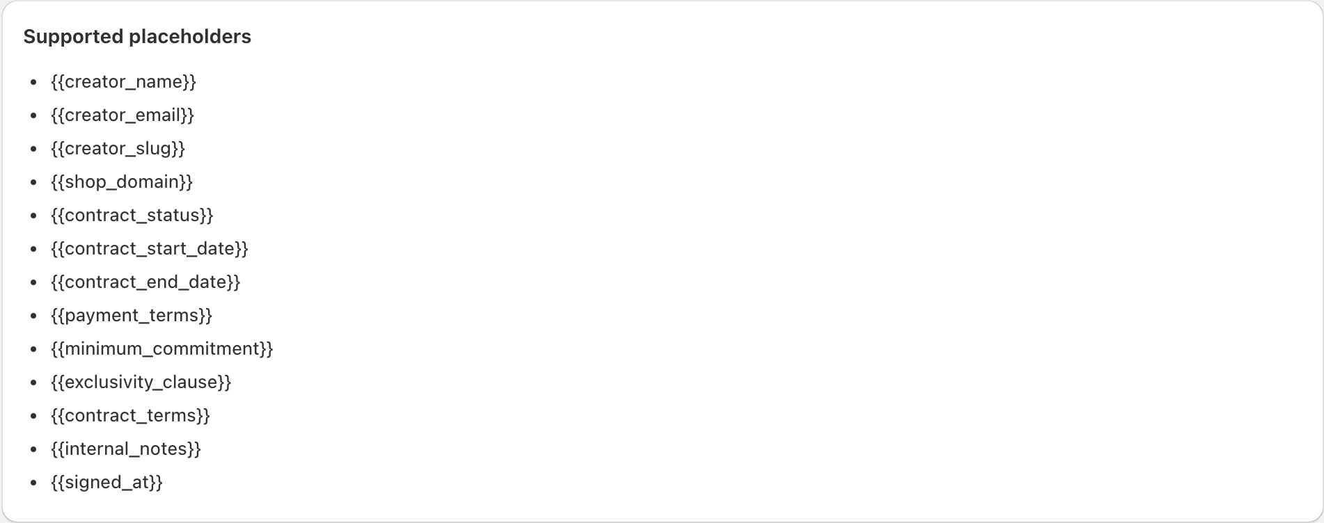 Supported contract placeholder list