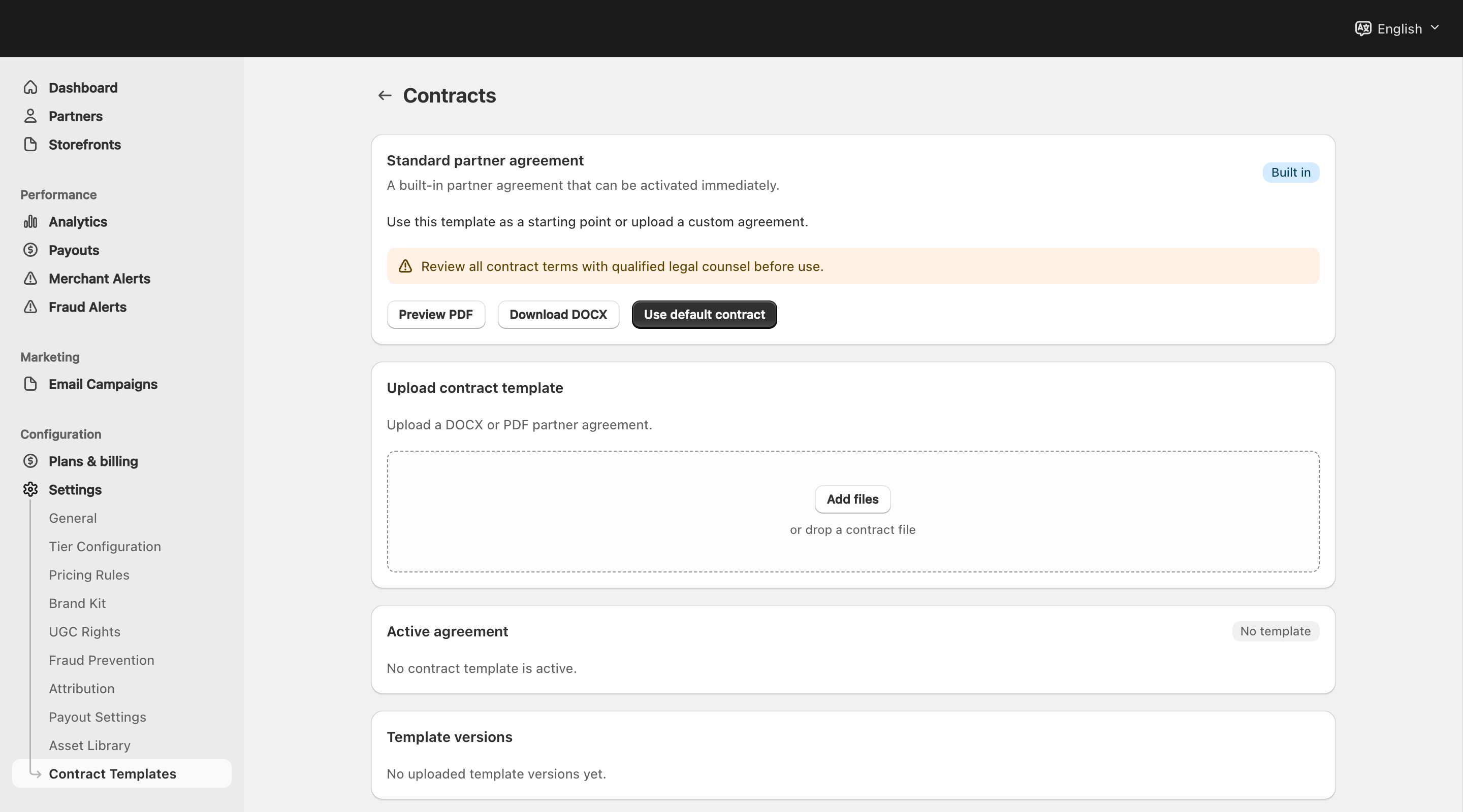 Contracts page showing built-in agreement actions, upload area and empty active/version states