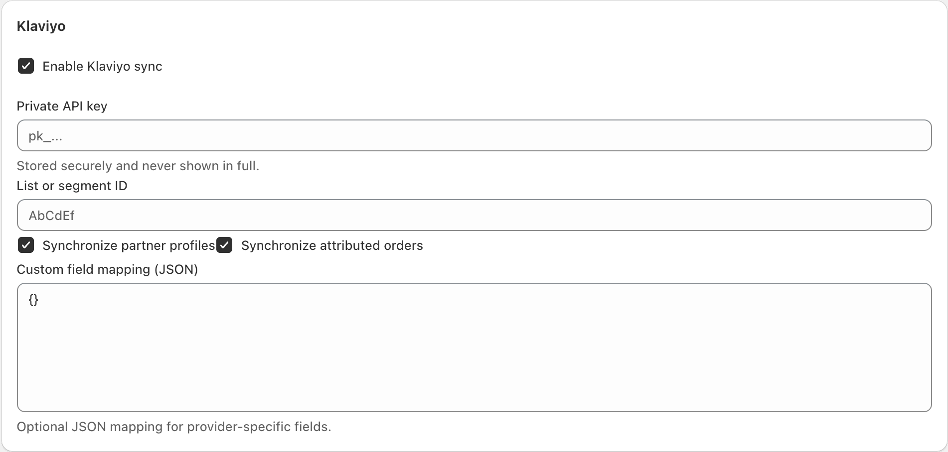 Klaviyo API key, list ID and synchronization fields with empty credentials