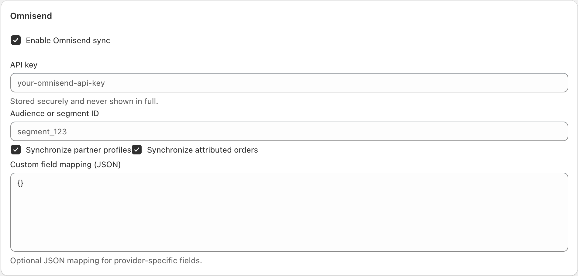 Omnisend API key, audience ID and synchronization fields with empty credentials