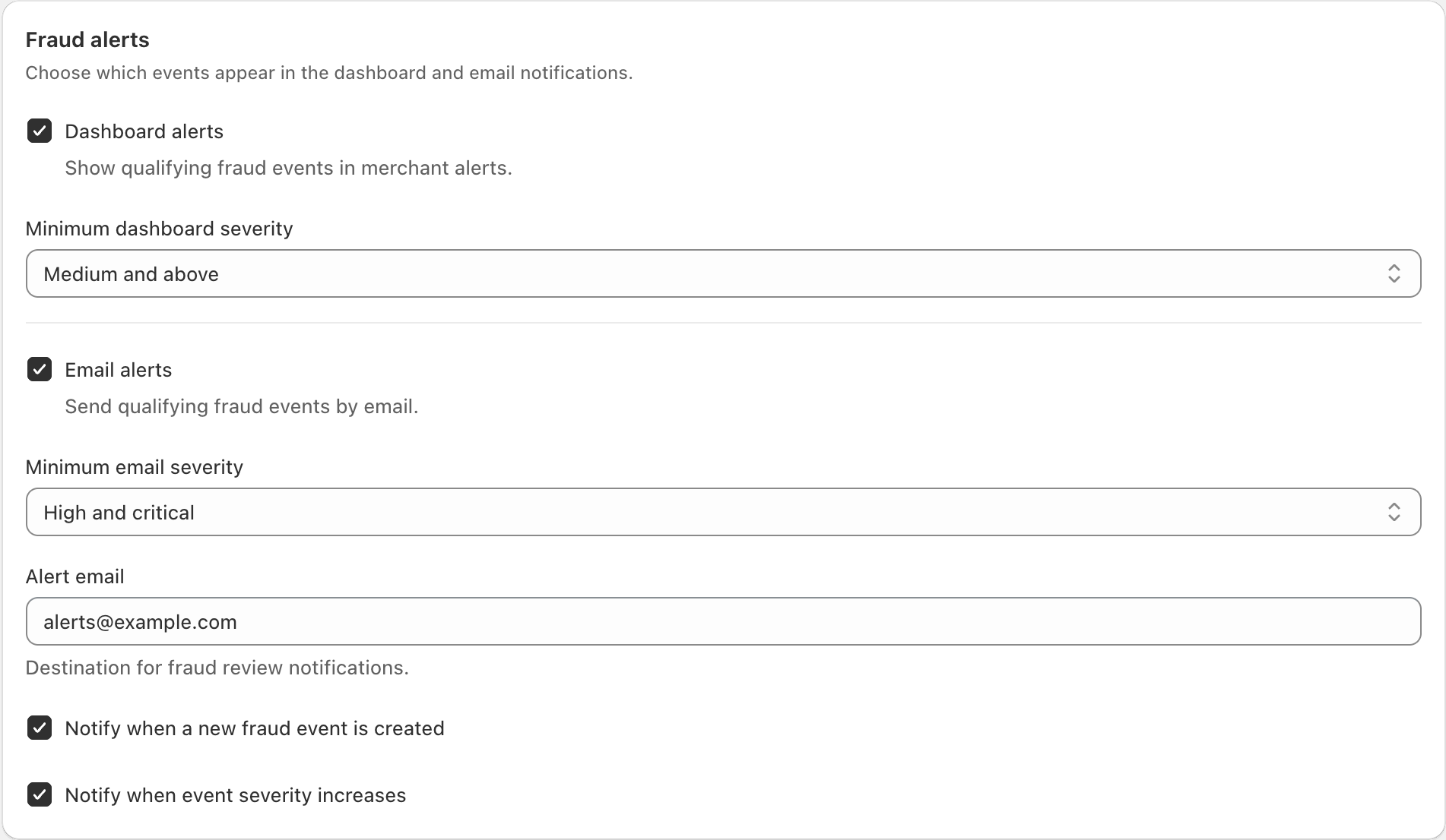 Fraud alert delivery, severity and event-notification fields