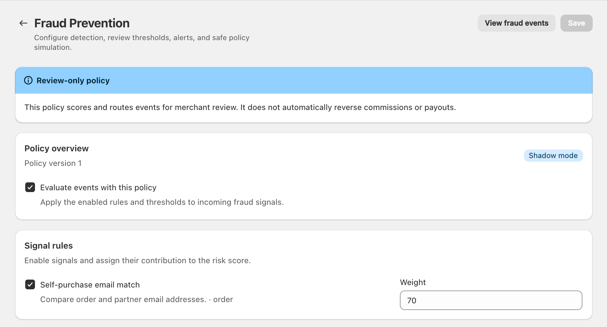 Fraud Prevention review-only notice, policy overview and signal weight