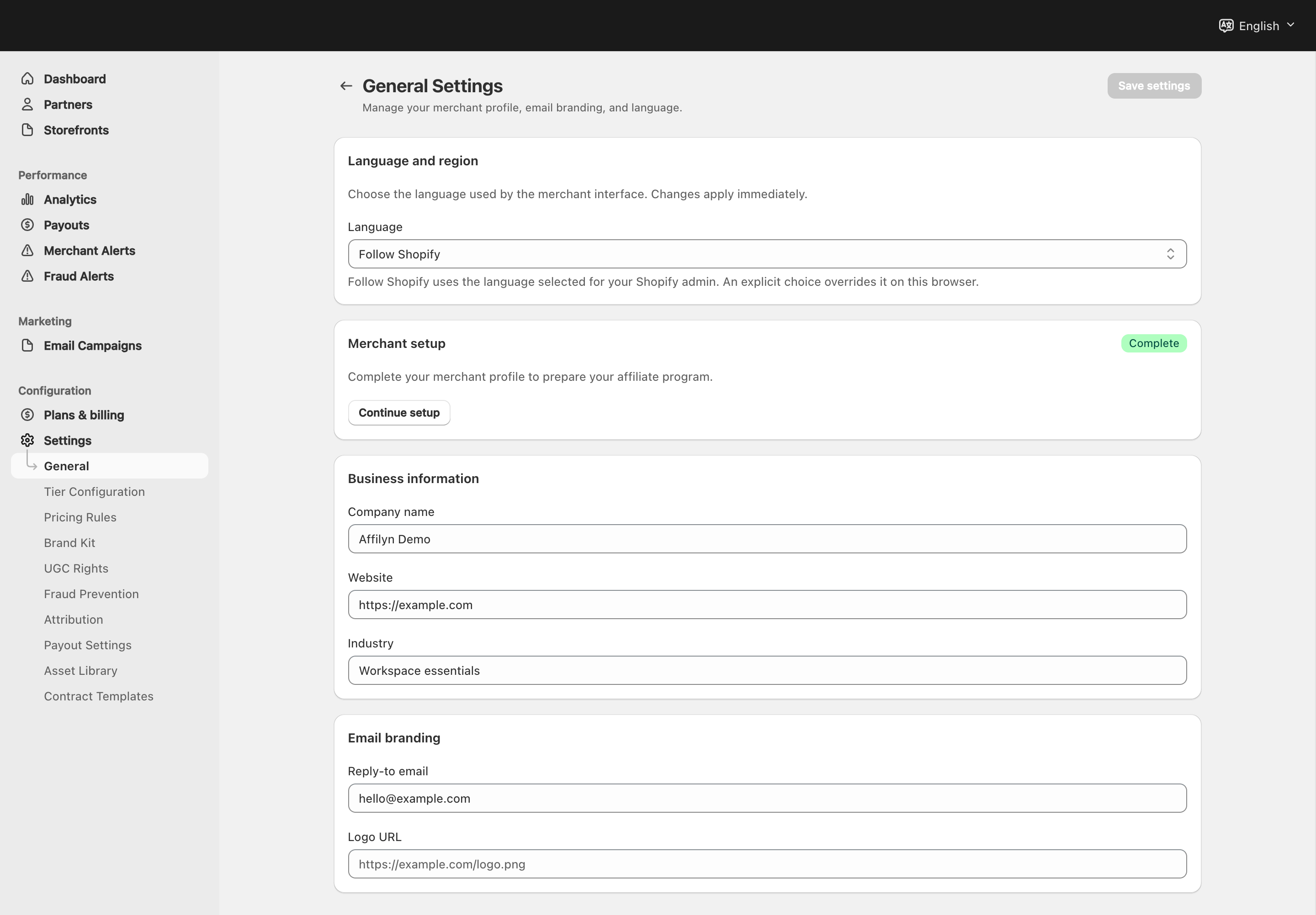 General Settings showing language, setup status, company details and email branding