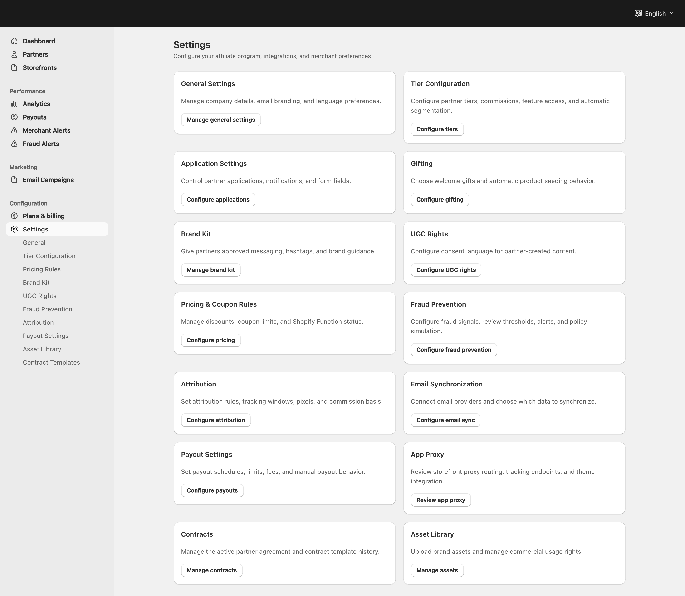Merchant Settings cards for program, assets, pricing, integrations and contracts