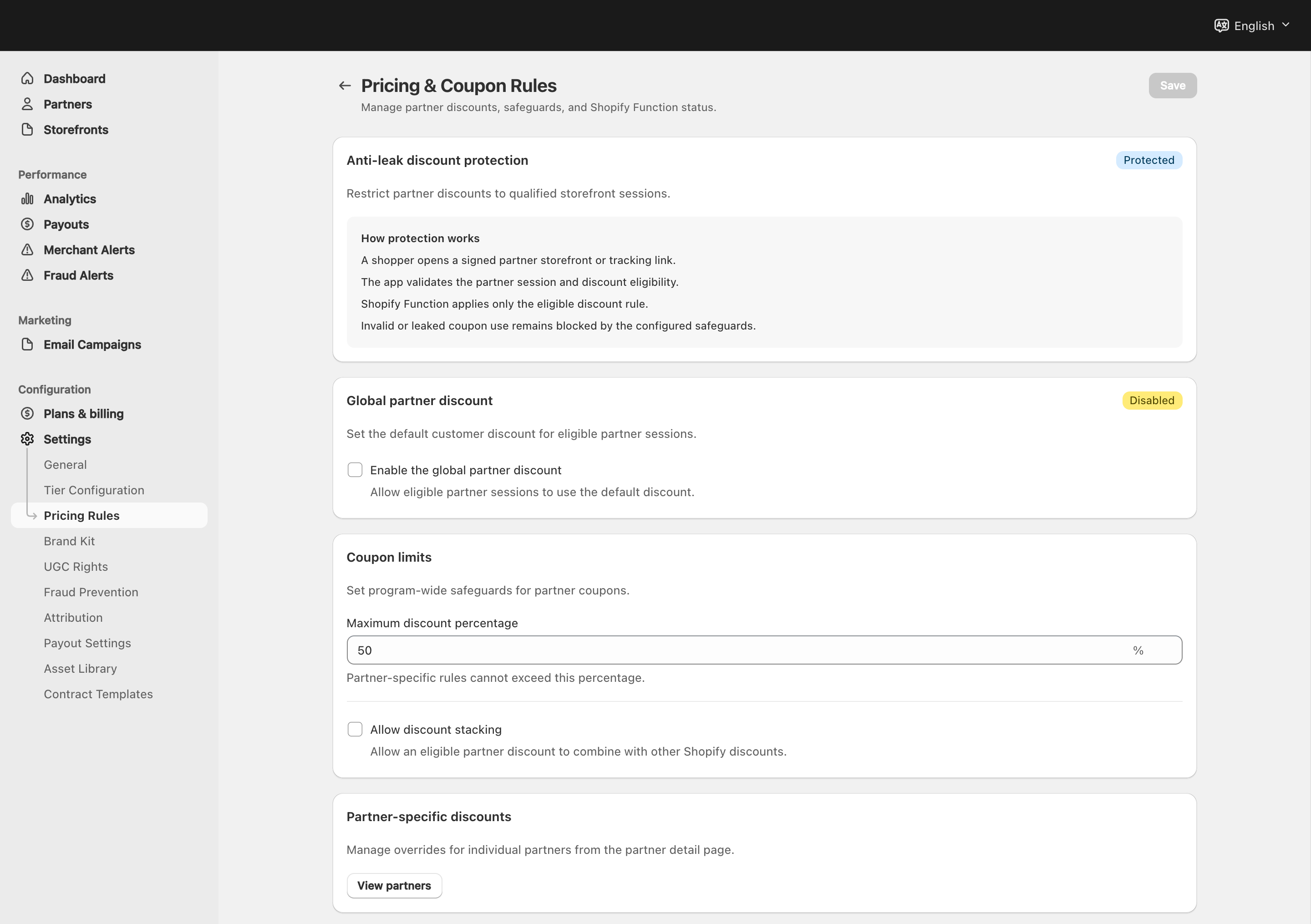 Pricing and Coupon Rules showing protection, discount enablement, coupon limits and partner overrides