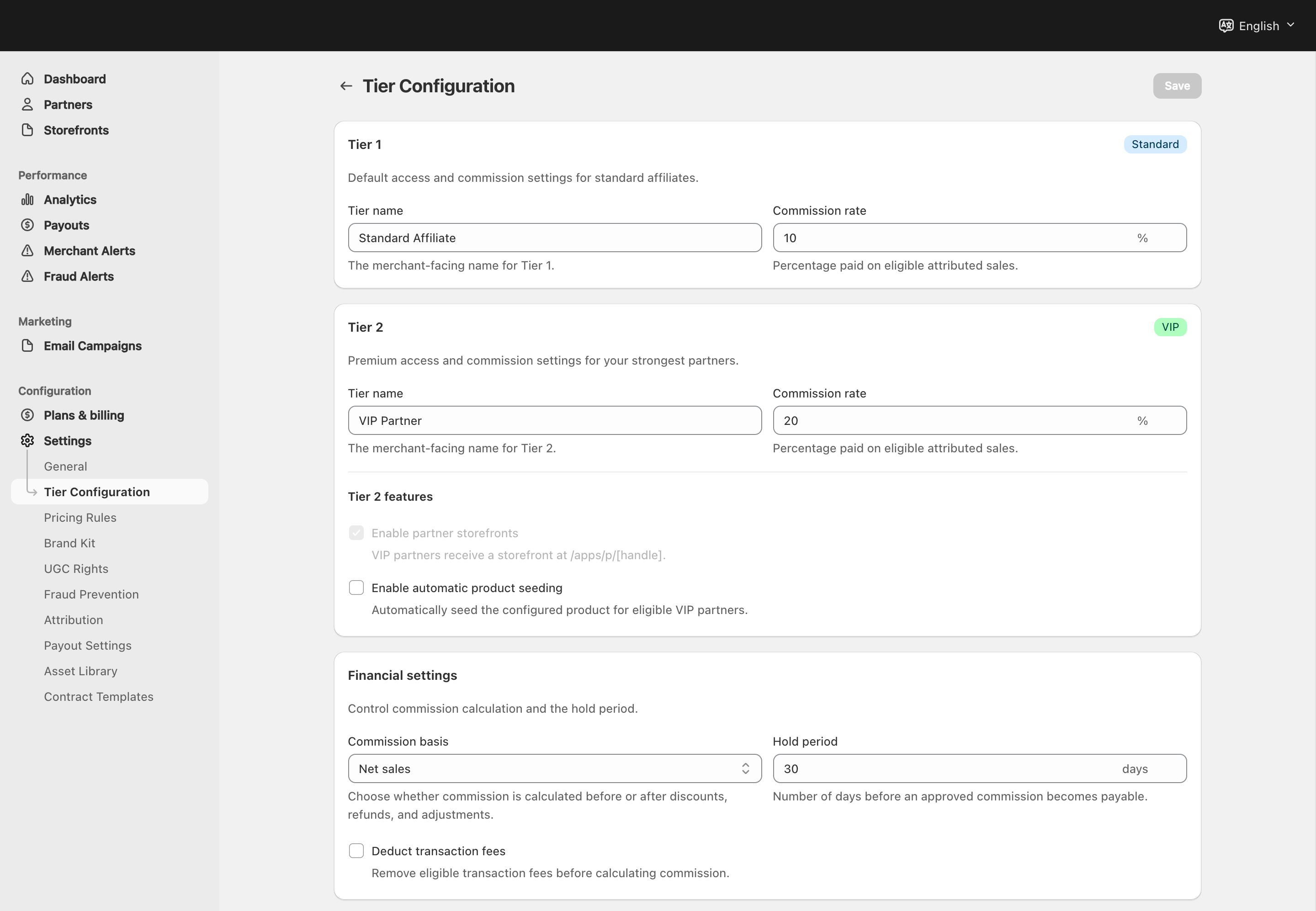 Tier 1 and Tier 2 controls with commissions and financial settings