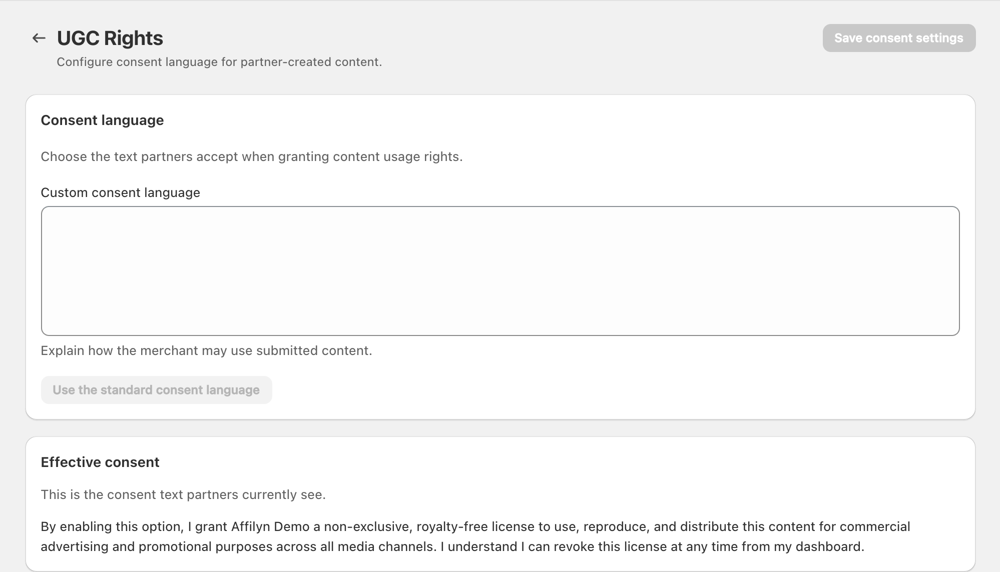 UGC consent text editor and effective default consent preview
