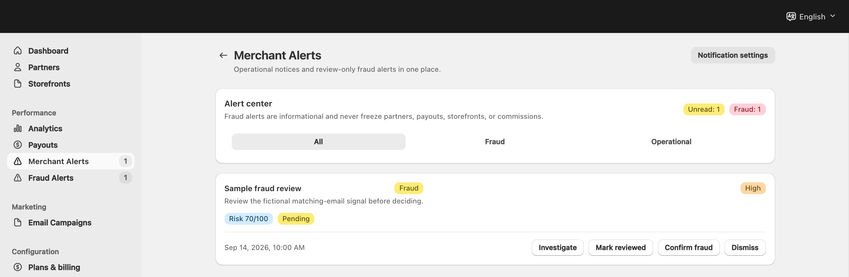 Merchant Alerts showing a sample high-risk fraud notification and review actions